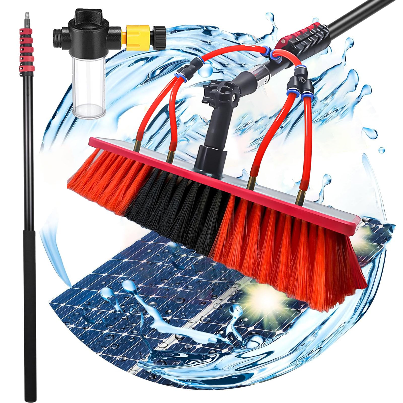 Genérico Cepillo para Ventanas con Panel Solar telescópico de 3,6 a 10,8 m, Kit de Limpieza con pértiga y dispensador de jabón, Ideal para techos, Coches y Lavado de Coches (55 cm, 10,8 m)