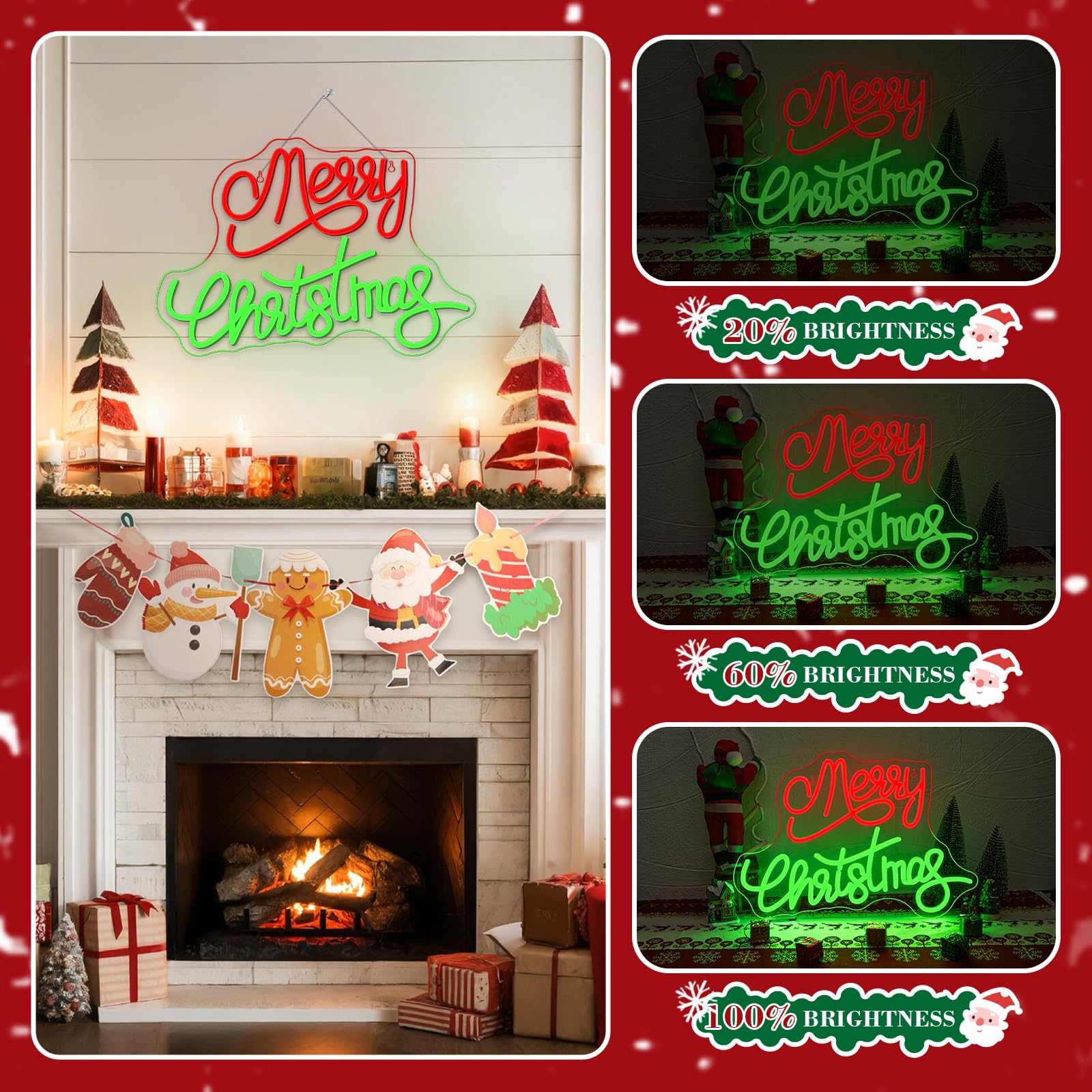 Merry Christmas Neon Schild Rot&Grün Buchstaben Weihnachten Neon Lichter Merry Christmas Dimmbare Acryl Neon Licht mit Schalter Neuheit Beleuchtung für Wand Dekor