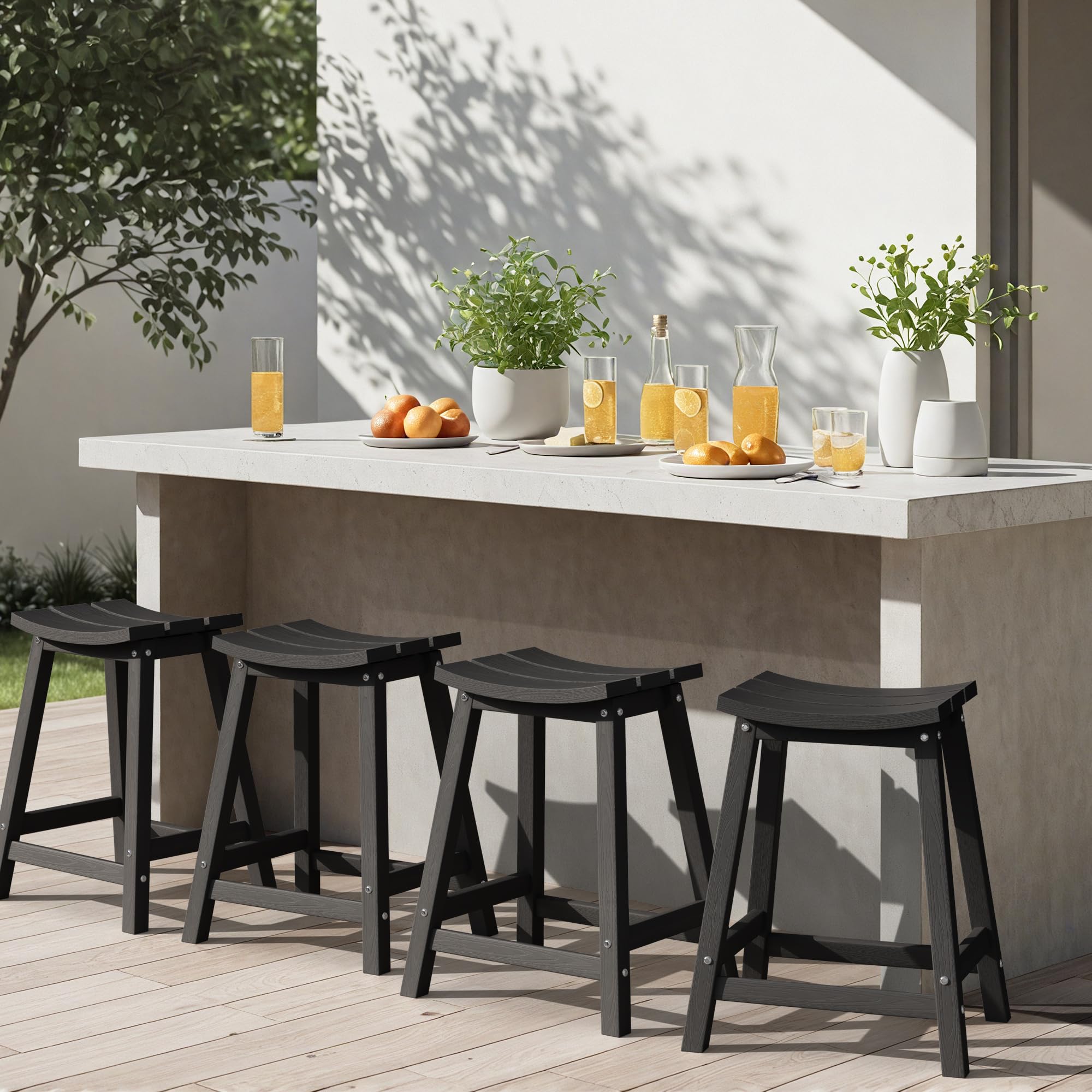 Ciokea 24" Outdoor Counter Height Bar Stools Set of 4, HDPE, Black