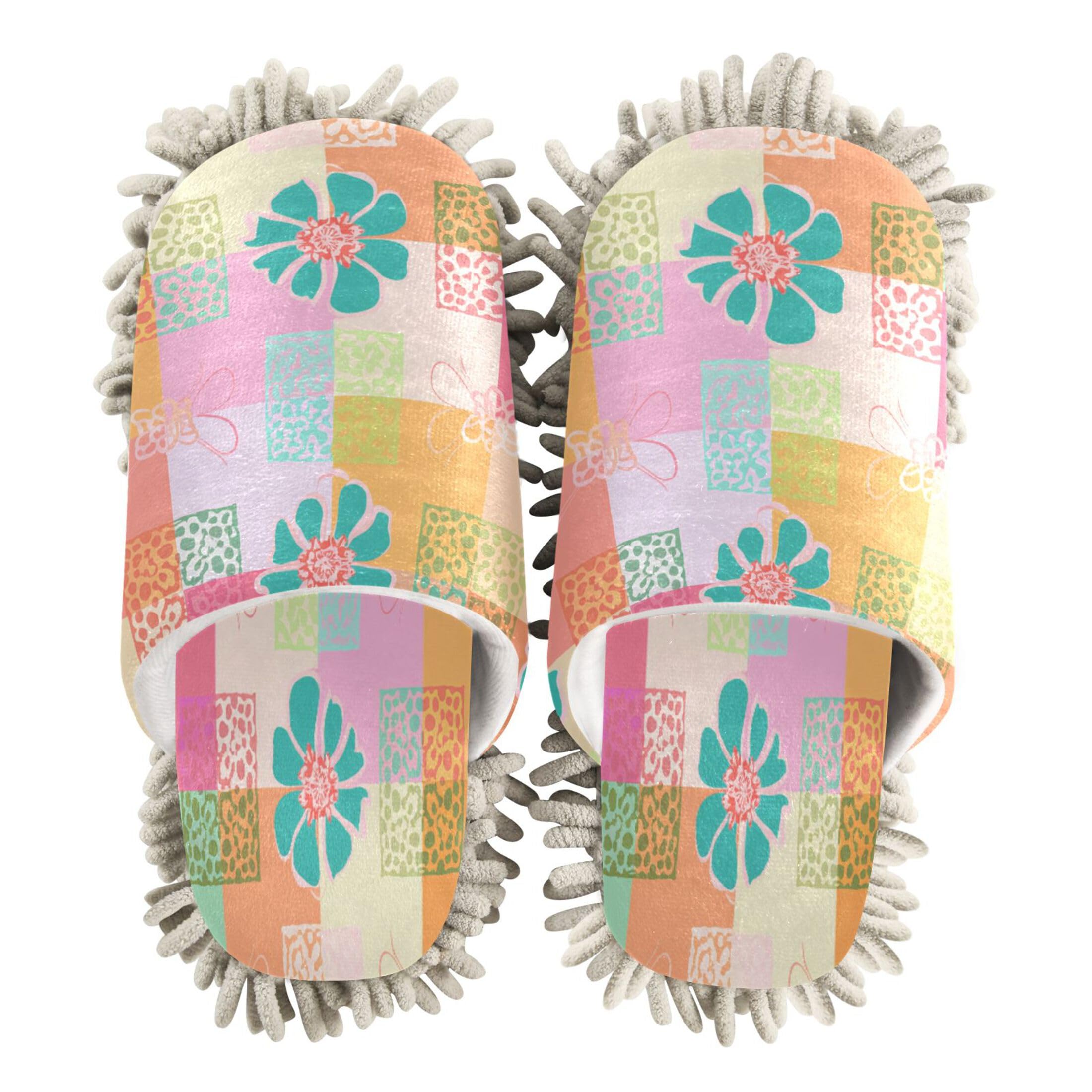 Kigai Flower on Squares Mop Slippers for Floor Cleaning, Slippers for Women Men, Microfiber Floor Cleaning, L
