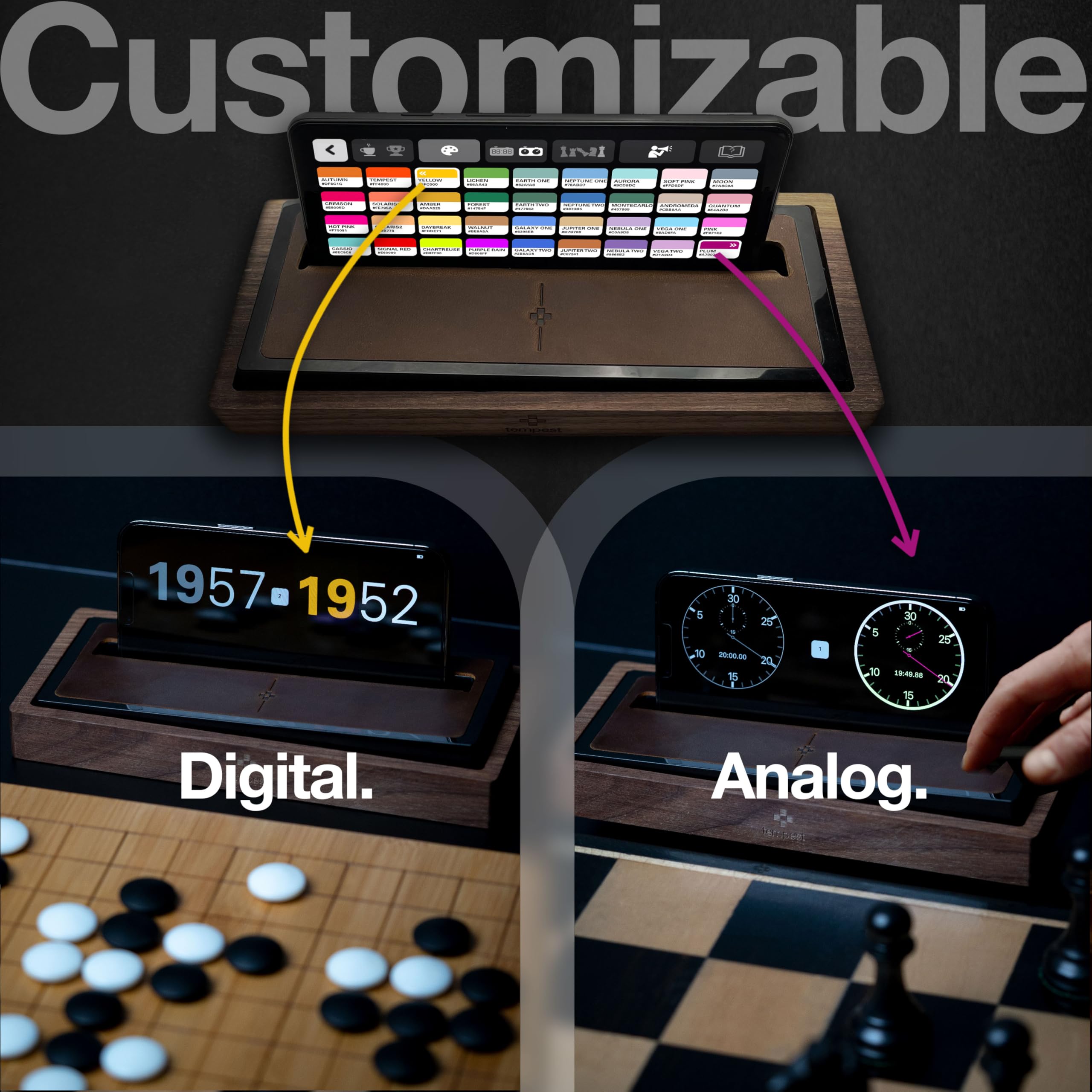 Tempest Deluxe Chess Clock: Zegar szachowy z litego orzecha i prawdziwej skóry, aplikacja iOS/Android
