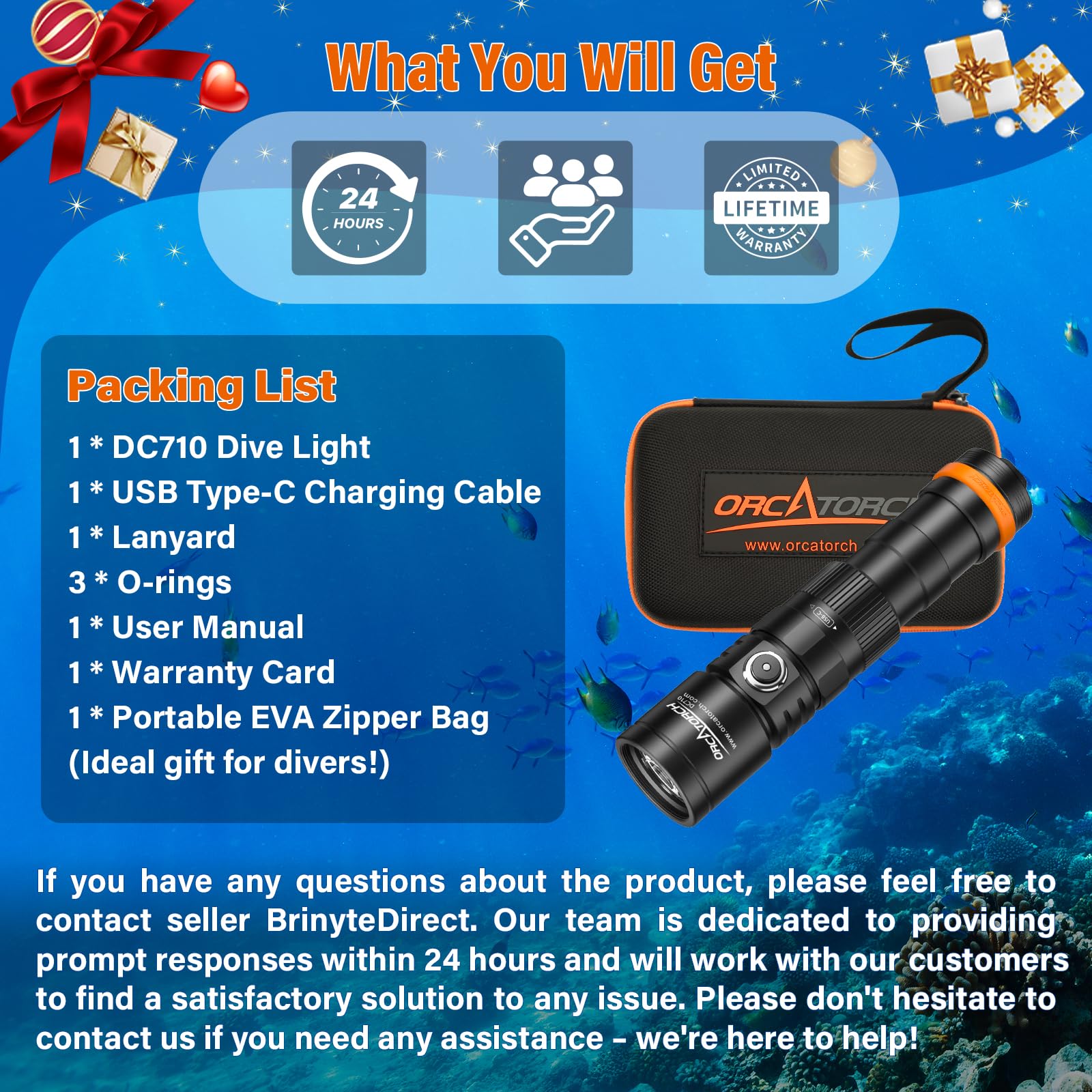 ORCATORCH DC710 Lampe Plongée 3000 Lumens Faisceau Étroit 6° Plongée | Bas/Moyen/Haut/Turbo, Indicateur Statut, Verrouillage Touche, IP68 Étanche, Plongée Nocturne, Spéléo Sous-Marine