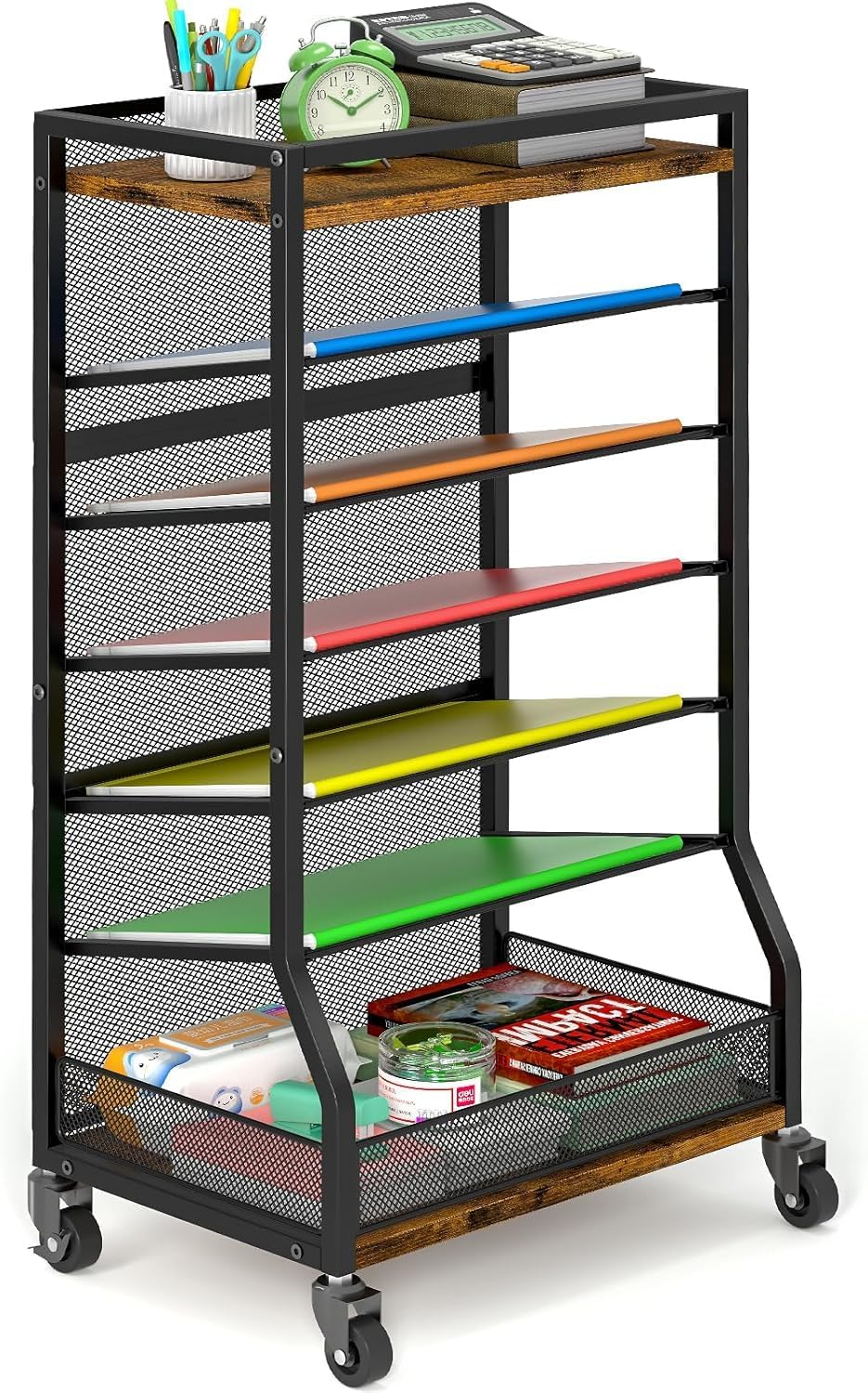 21401 - Supporto per cartelle con vassoi scorrevoli a 7 livelli, in metallo accanto alla scrivania, porta documenti in piedi, organizer per lettere di carta, organizer da scrivania per casa