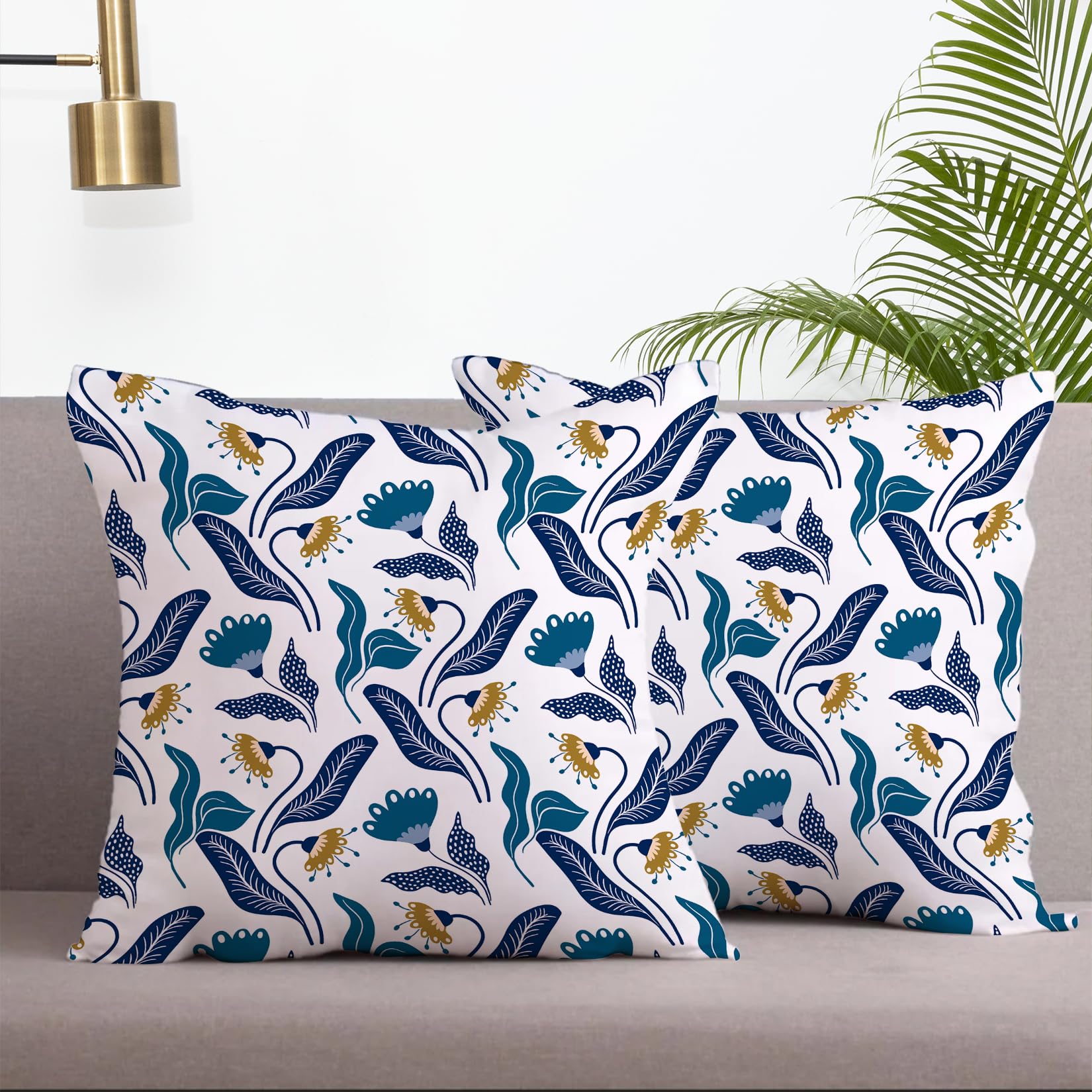 LOVOUS Blue Leaf Throw Pillow Covers 18x18 Inch Set of 2, Vintage Linen Decorative Pillow Covers for Bed Couch Sofa Bedroom Living Room Home Decor, B7