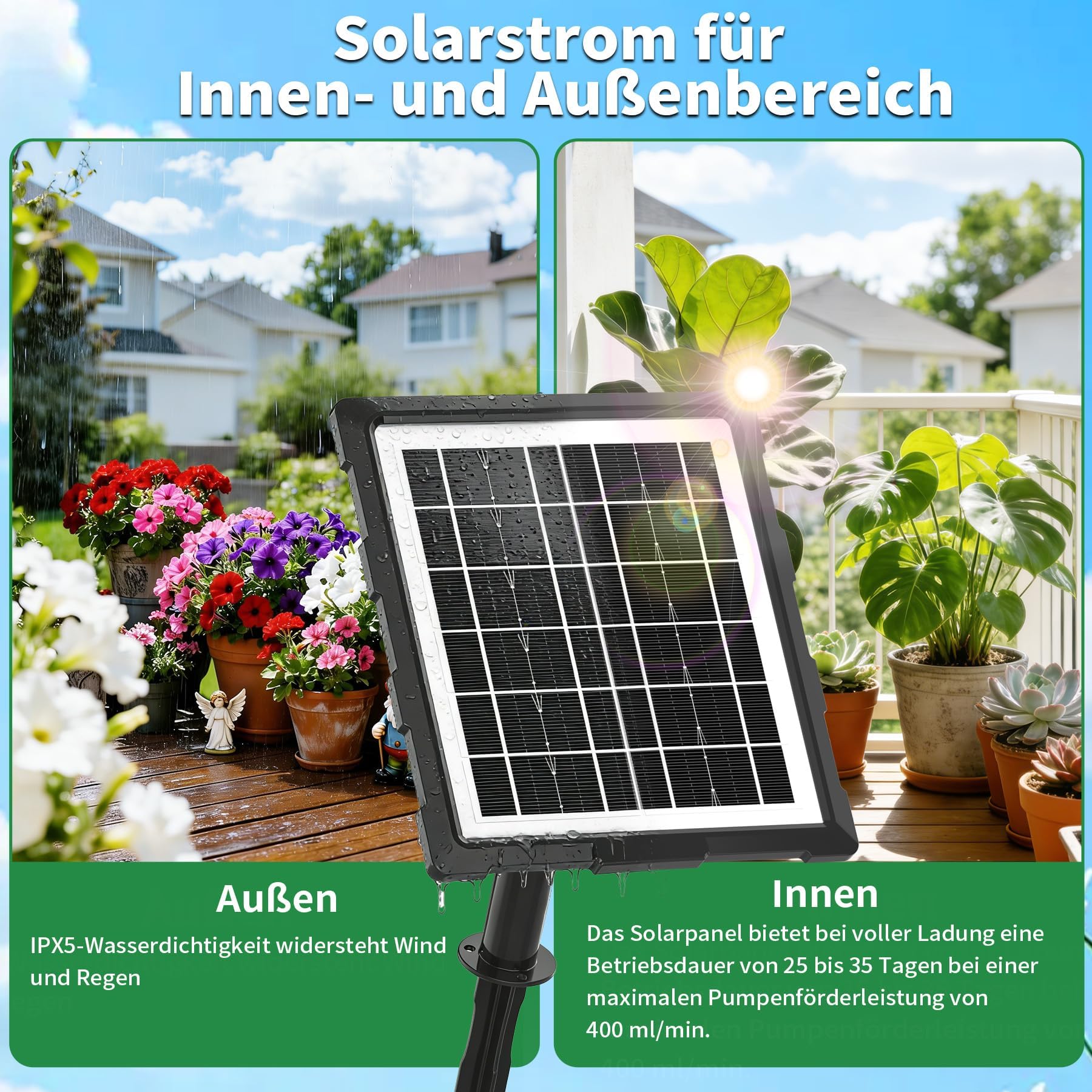 Sistema de riego solar para plantas de balcón con pantalla LCD, 350 modos automáticos de temporizador de riego, riego automático por goteo para 15 plantas con manguera de 15 m, riego automático