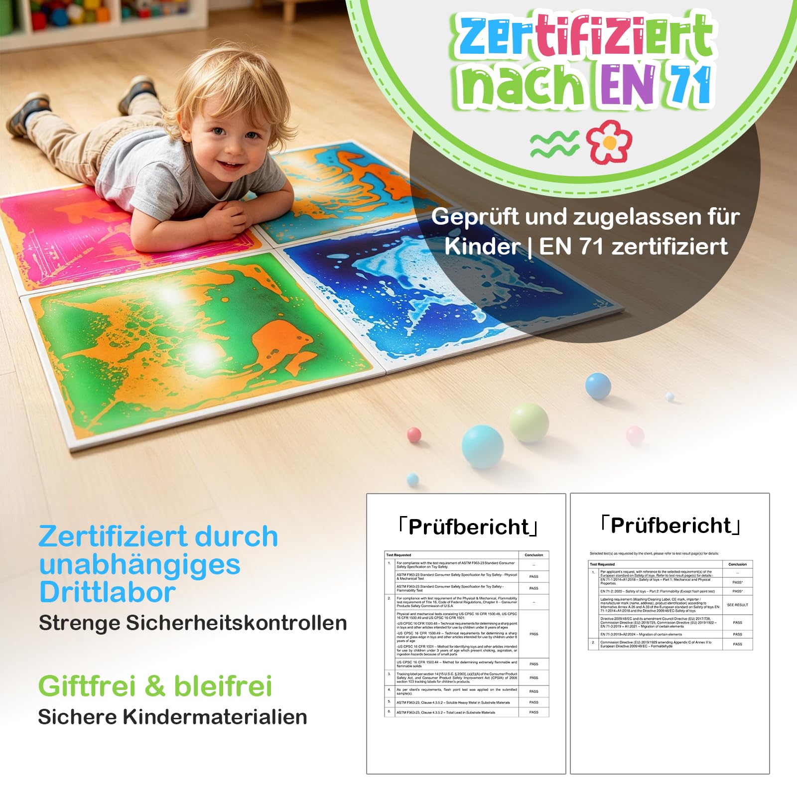 Große Sensorik Matte 50x50cm, flüssige mehrfarbige Bodenfliese PVC, CE EN71 Sensorspielzeug für Haus, Kindergarten und Autismus (4, 4pcs-5050-4COLORS)