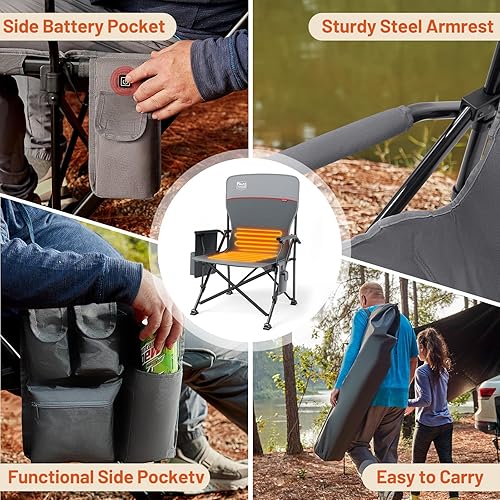 Miniatura 9 de TIMBER RIDGE Silla de camping climatizada de gran tamaño para deportes al aire libre, silla de césped acolchada con respaldo alto para adultos,