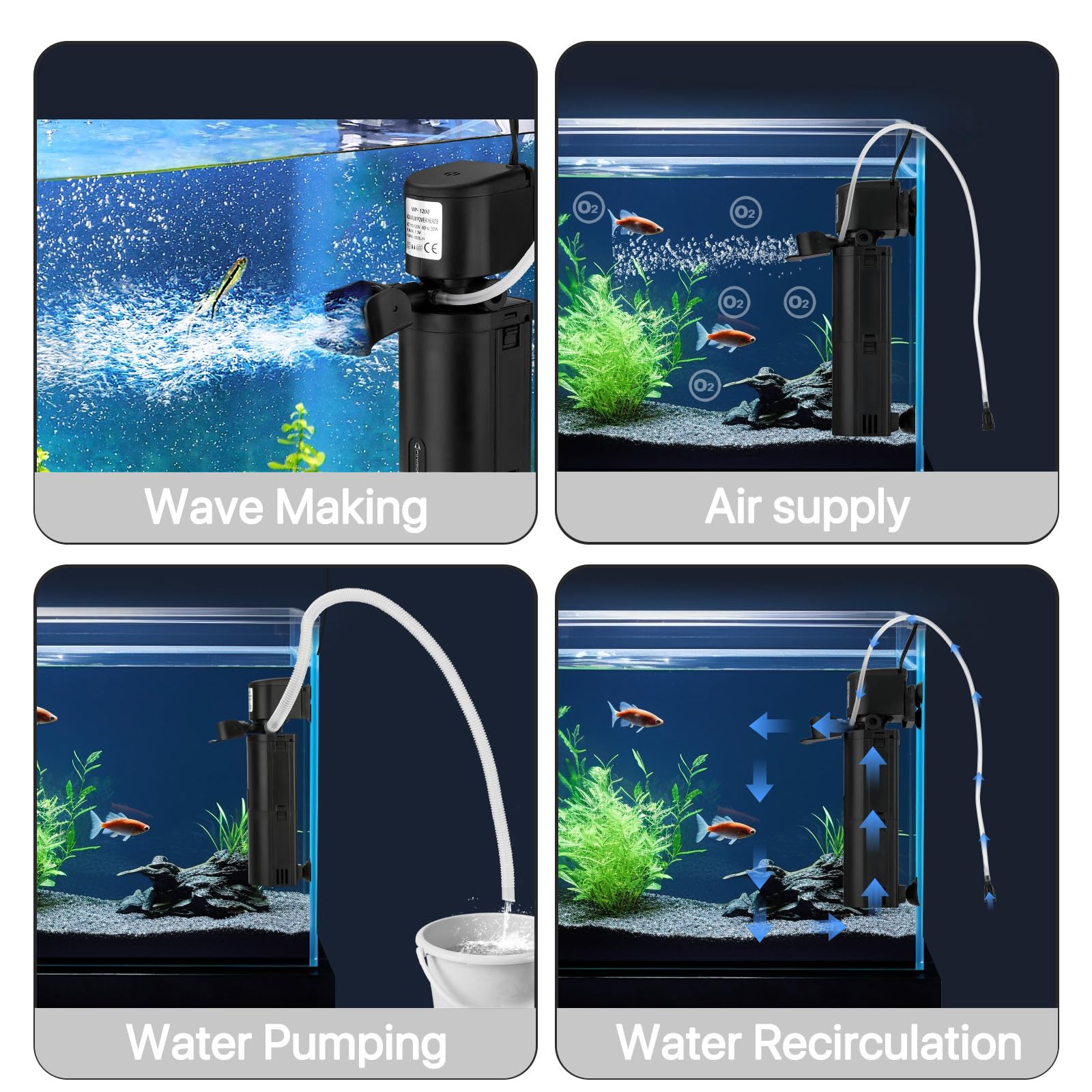 Filtro UV per acquario a doppia camera, filtro sommergibile 4 in 1 per serbatoi di tartarughe da 20-75 galloni, macchina verde ultra silenziosa con filtrazione, produzione di onde e ossigenazione