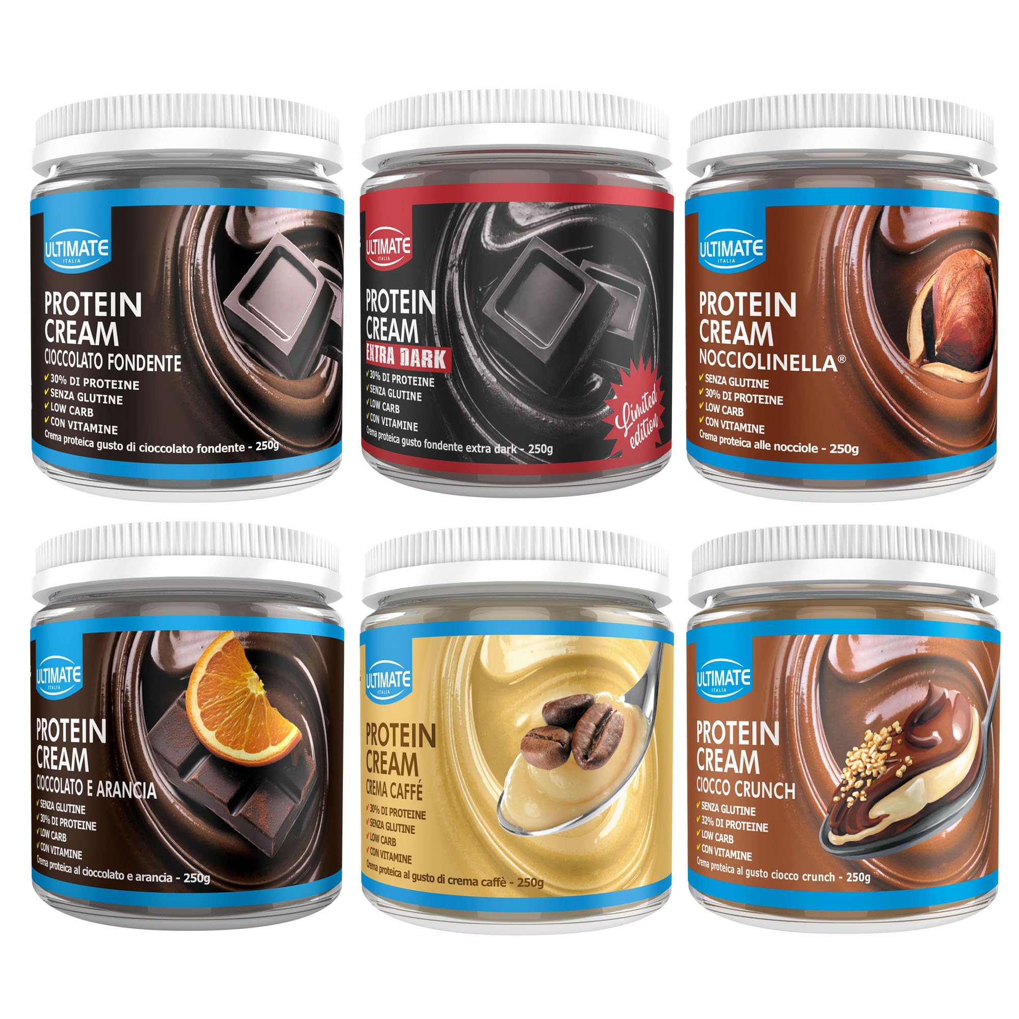 Ultimate Italia - 6 protein cream gusti misti (1 cioccolato fondente + 1 fondente extra dark + 1 nocciolinella + 1 cioccolato arancia + 1 crema caffè + 1 ciocco crunch) - Senza Glutine - 6x250 g