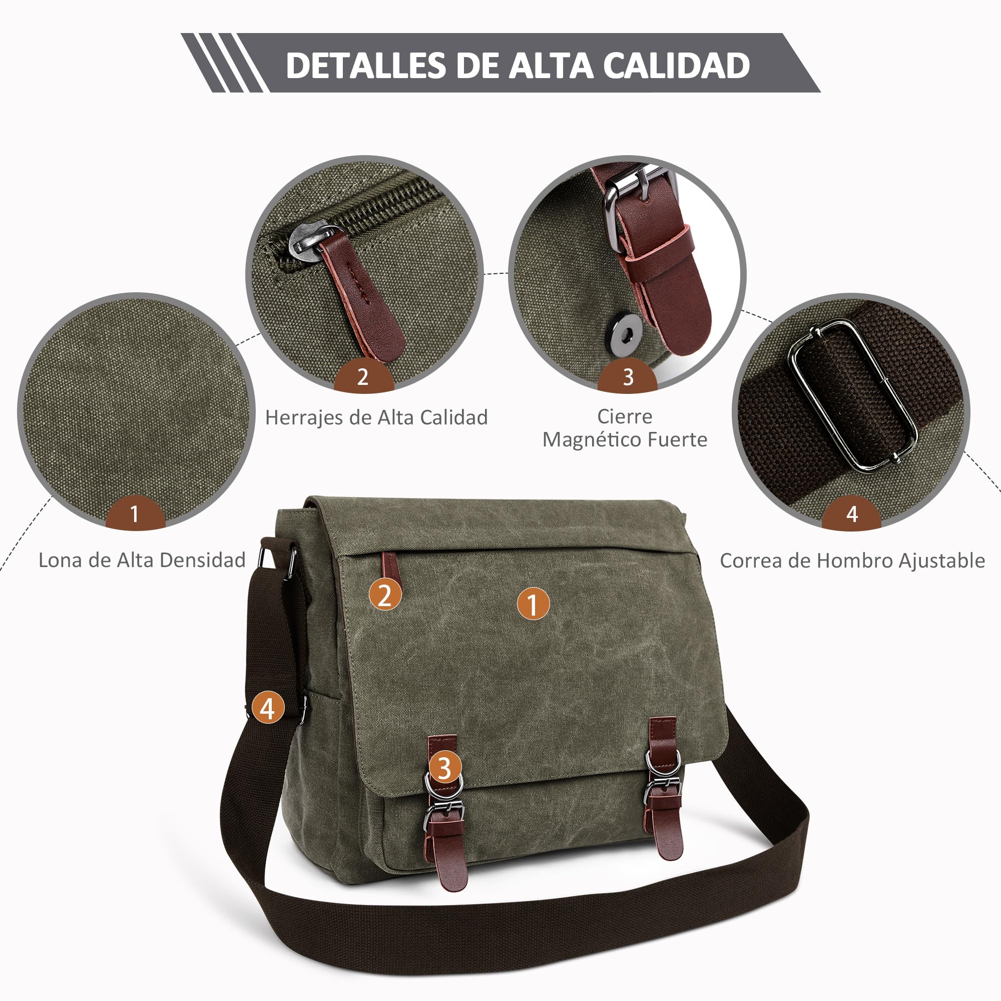 Moda Bolso de Bandolera Hombres Bolsa de Hombro Lona para Viaje Escolares Trabajo Bolsos 13.3 Pulgadas Portátil Cruzados Bolsa de Ordenador Hombres Lona Messenger Bag Verde