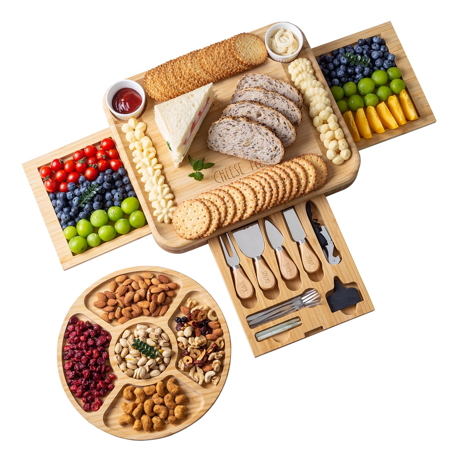Rae Dunn Tabla de embutidos y accesorios, juego de tablas de charcutería grandes, juego de tablas de queso de bambú con tenedores y platos para servir, cuchillos de queso incluidos