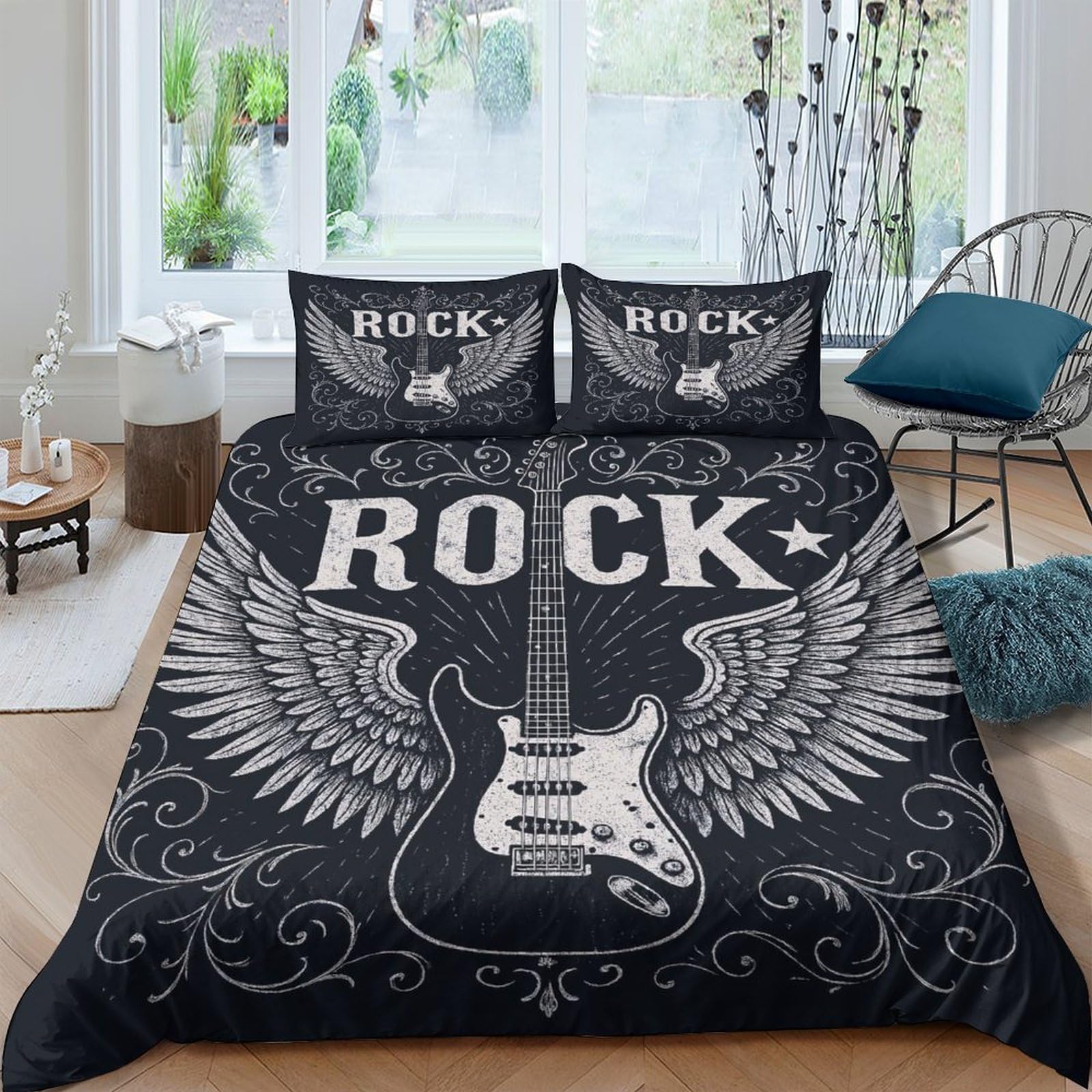 GPLZQXKJNH 3D Printed Rock Guitar Wings Duvet Cover Microfiber Black Bedding Set with 2 Pillowcases for Bedroom Decor, Single（135x200cm）