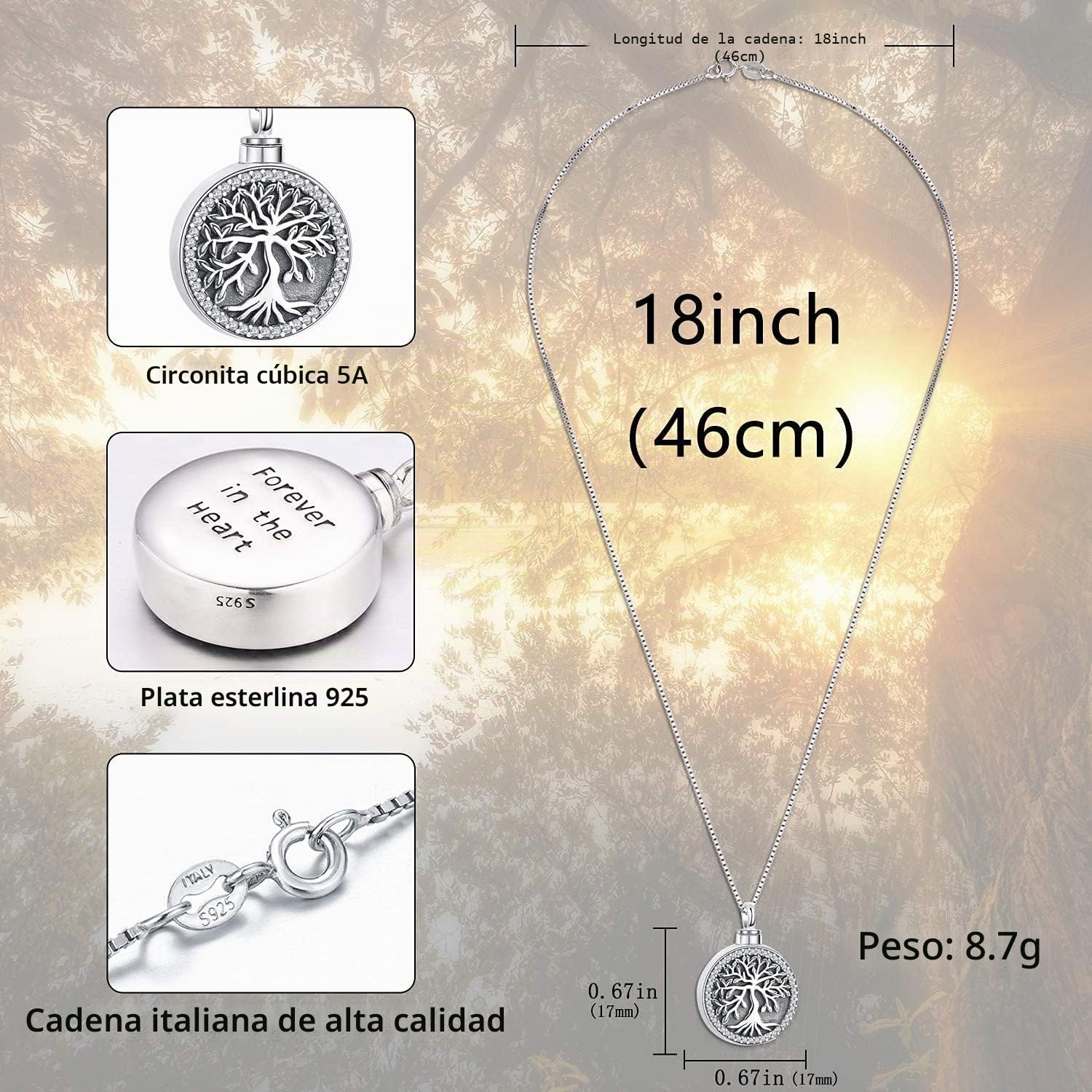 Odinstone Collar para cenizas de plata de ley S925, Colgante Cenizas Árbol de la vida Joyería cremación conmemorativas para mujeres medallón conmemorativo con kit de relleno