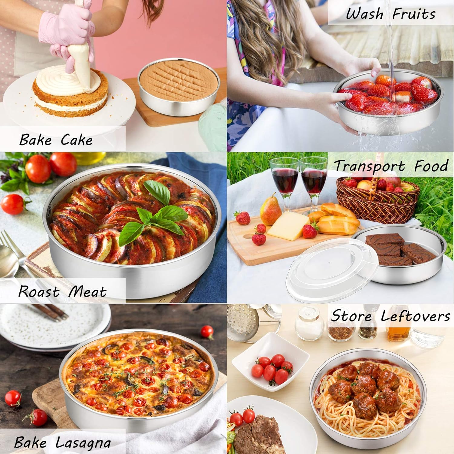 P&P CHEF 8-inch Round Baking Cake Pan with Lid, Stainless Steel Cake Pan and Plastic Cover Set, For Wedding Birthday Picnic, Reusable & Durable, Dishwasher Safe (2 Pans + 2 Lids) - Image 4