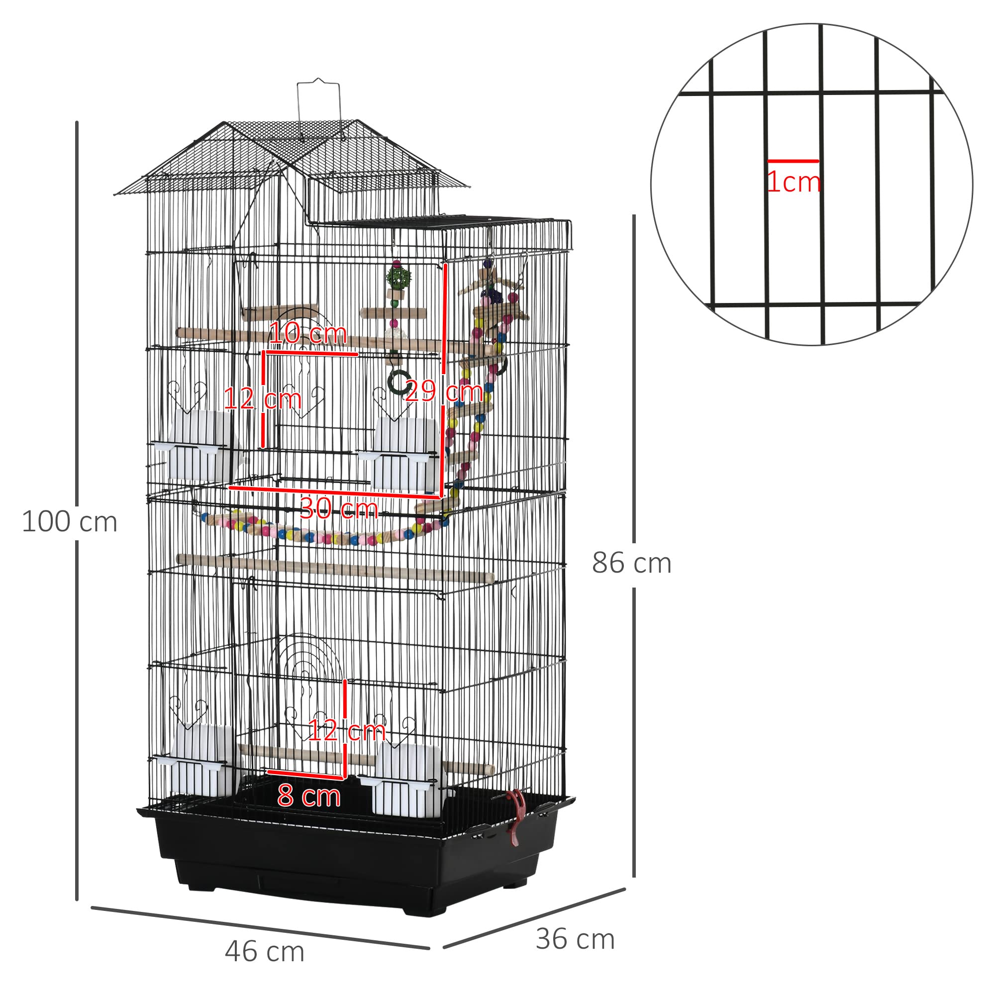PawHut Jaula para Pájaros Pajarera con Múltiples Puertas 4 Comederos 3 Perchas Columpio Escaleras y Bandeja Extraíble para Loros Canarios Periquitos 46x36x100 cm Negro