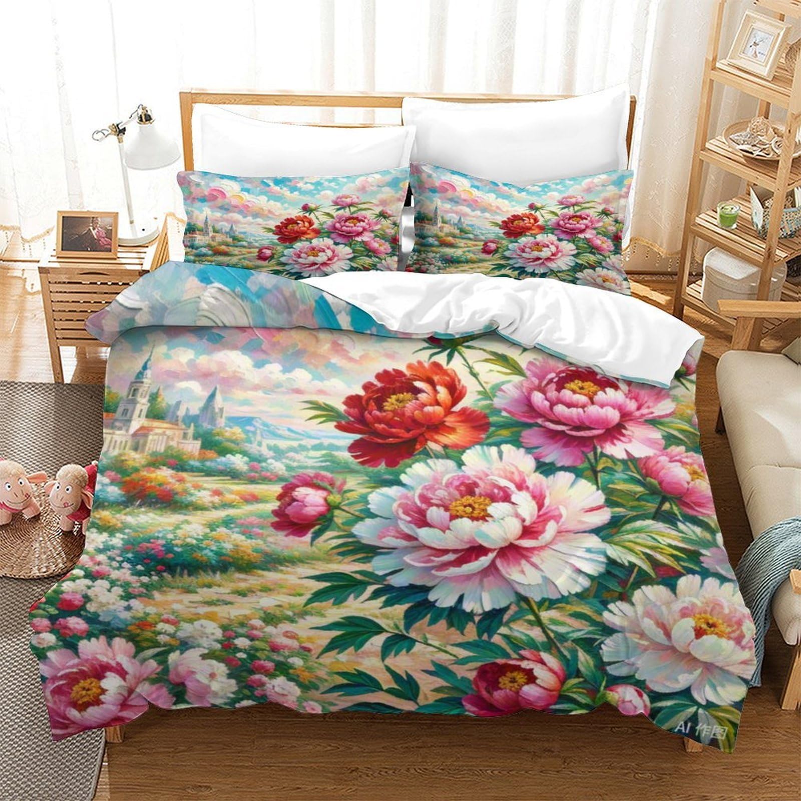 Housse de couette pivoine 3D zippée et infroissable pour lit simple enfant 140x200cm