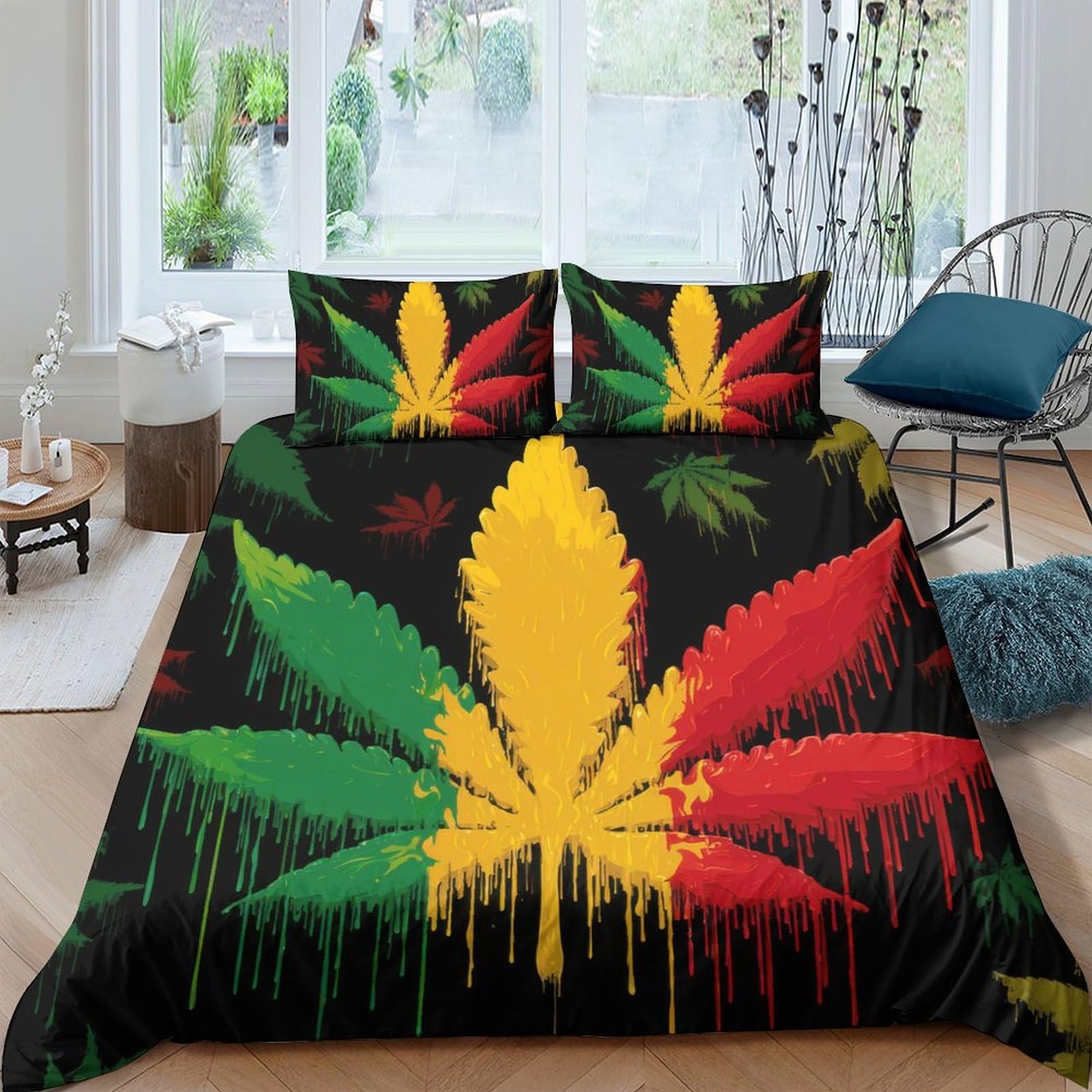 Ctjqhvkz Style-2 3D Printed Rasta Leaf Fitted Sheet Microfiber Soft Red Yellow Green Cannabis Bed Cover Bedroom Decor Single（135X200cm）
