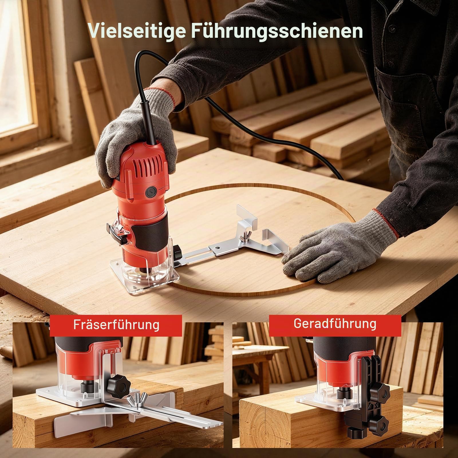 Oberfräse Trimmer 800W, 30000 U/min Einhandfräse Kantenfräse Holz Multifunktionsfräse, Handfräsmaschine mit 15-tlg. Hartmetall Fräser Set (6,35mm) für Holzbearbeitung & DIY