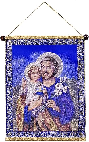 Needzo Tapiz de pared con icono de San José con Jesús de 14 pulgadas, azul dorado, tapiz religioso para decoración de regalo para colgar en la pared