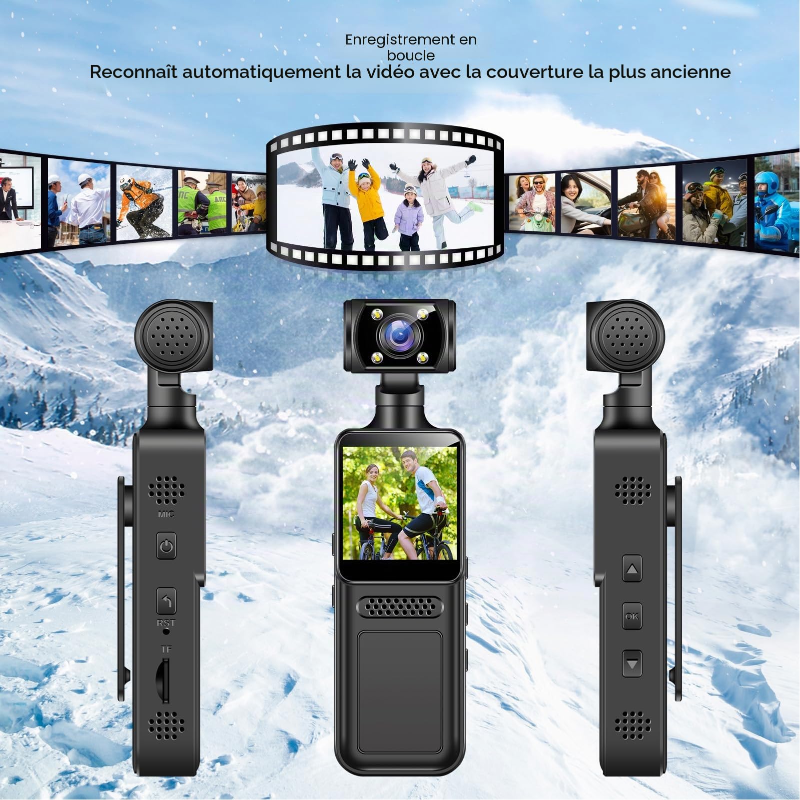 Caméra d'action Portable, 4K HD, Wi-FI, Rotative à 180°, pour Le Sport, Les Voyages, Les Vlogs, avec Clip, écran HD 1,3 Pouces, Contrôle par Application