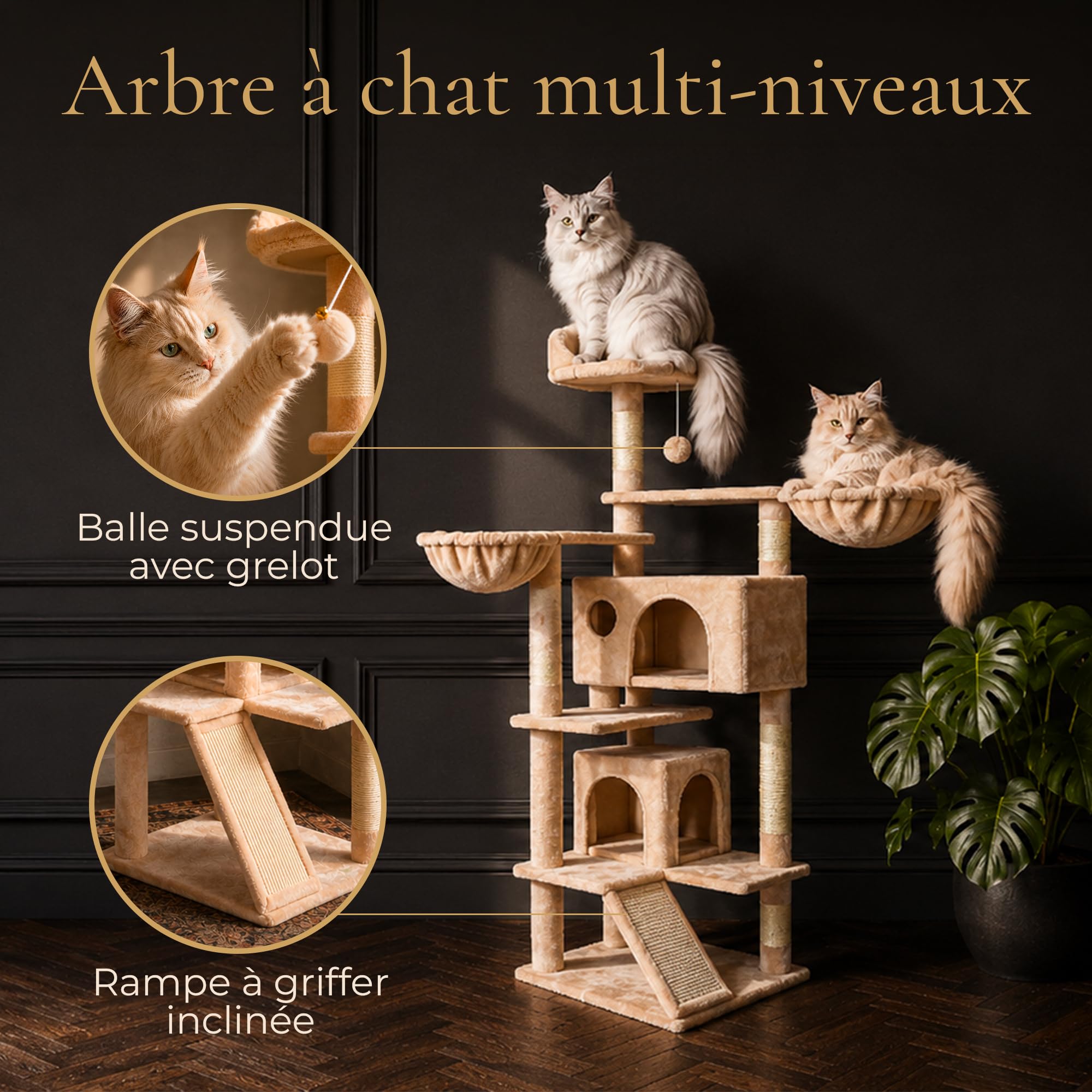 Arbre a Chat 165 cm, Griffoir Chat en Sisal, 2 Niches, 2 Hamacs, 1 Perchoir, Tour a Chat Stable pour Grands Chats et Chatons, Peluche Beige, Montage Facile, Garantie 5 Ans