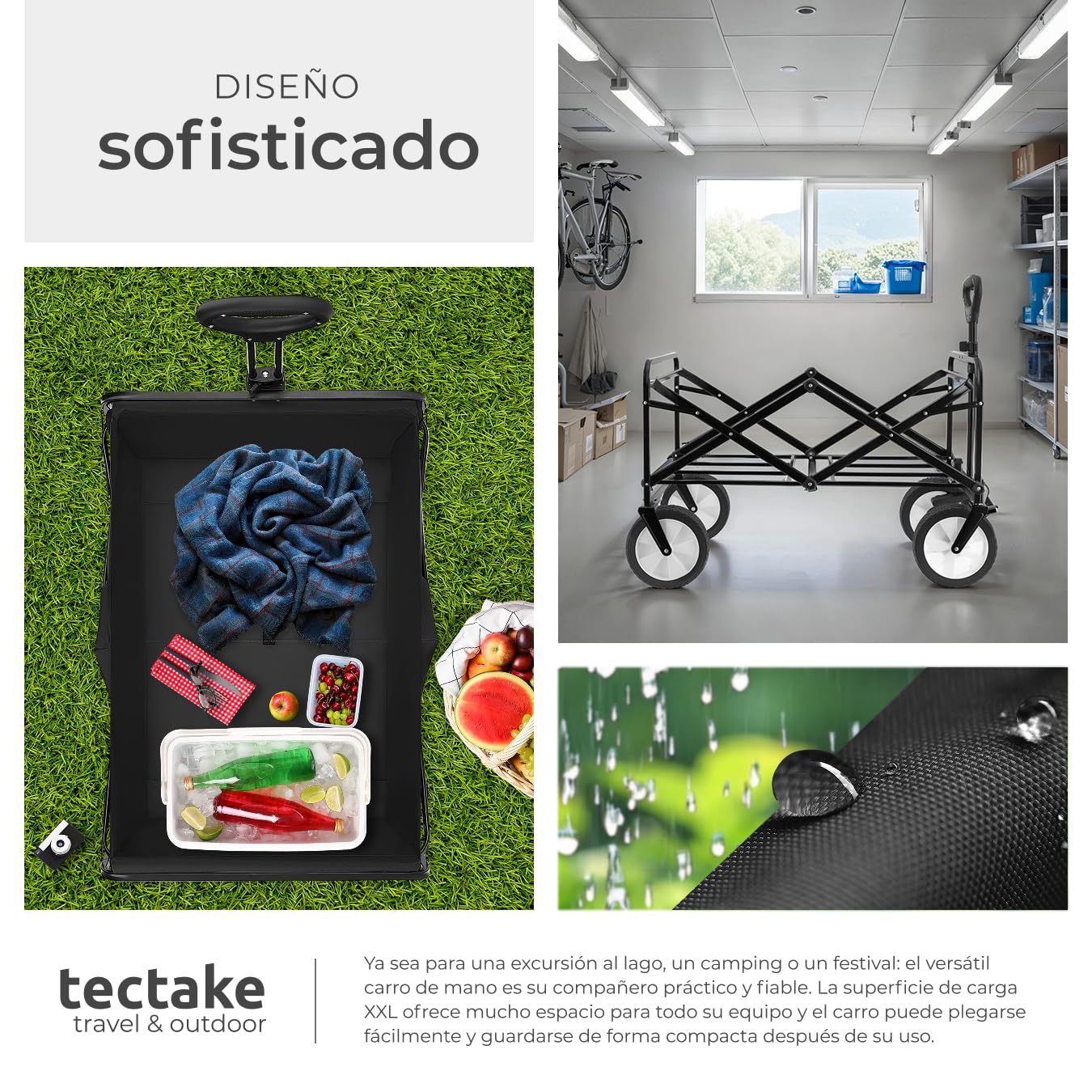 tectake® Carro Plegable para Jardín, Carro Transporte en Acero, Carrito Playa con Asa Telescópica, Carretilla Jardín con Lona Extraíble, Carro Camping Multiuso con Bolsa Transporte, Carga 80 kg, Negro