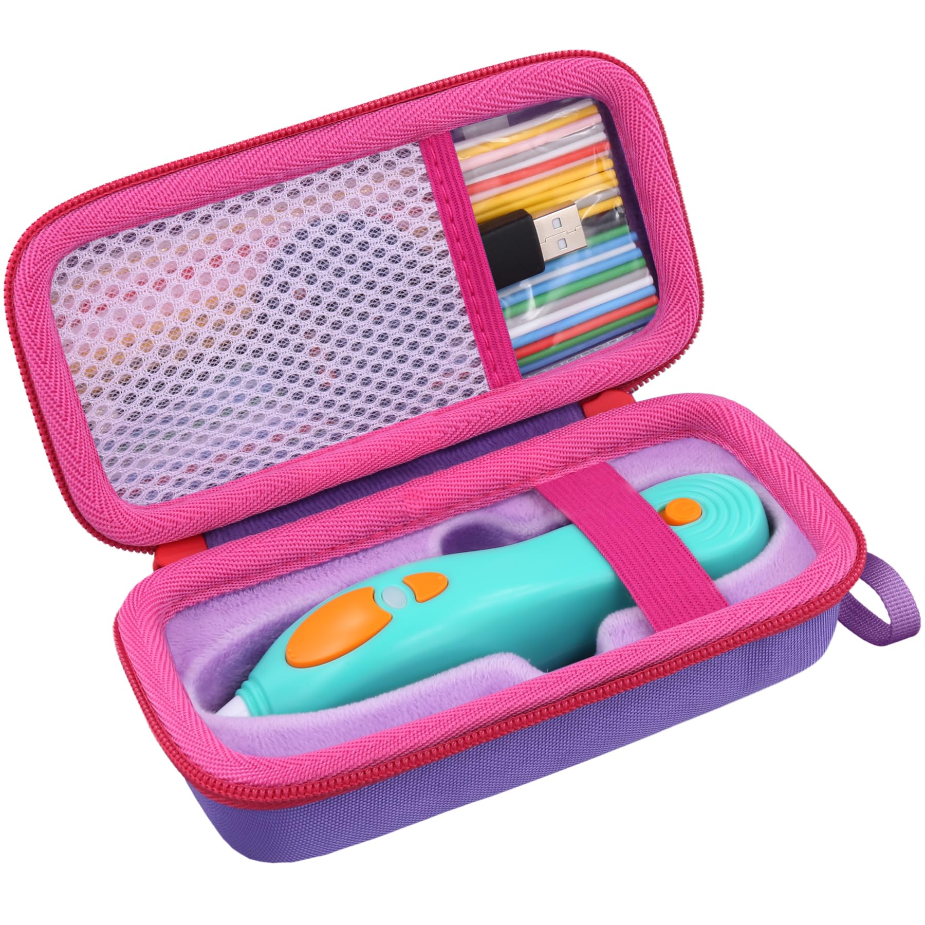 co2CREA Hard Case for New 3Doodler Start+ Essentials 3D Pen Set - Storage Organizer with Custom Slots for Art Activity Set, Printing Filament Refill and USB Charger, Purple Case + Rose Red Zipper-image-48