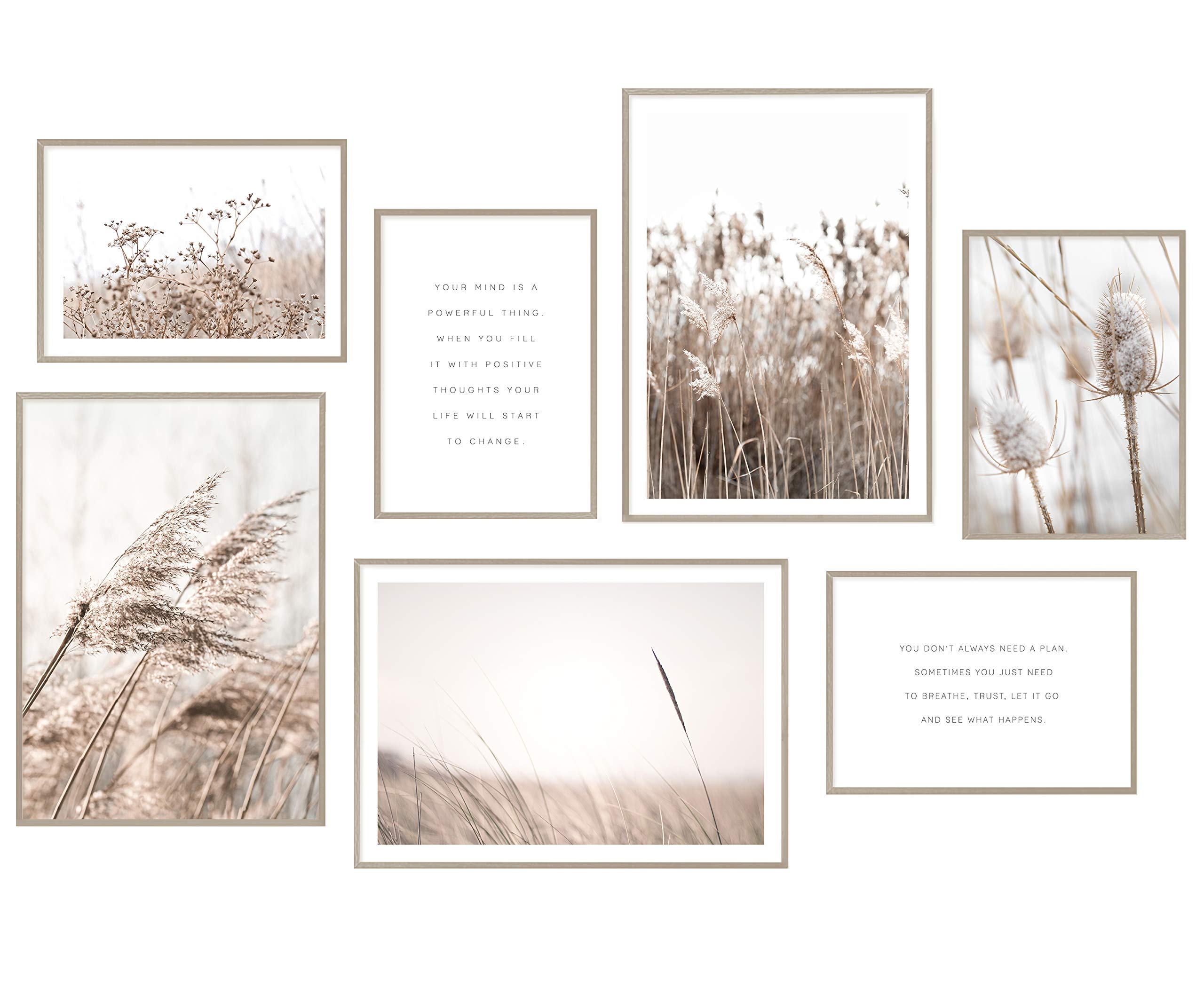 Hyggelig Home Premium Poster Set – 7 Gräser Bilder in Landschaft mit Blumen (unframed, Beige)