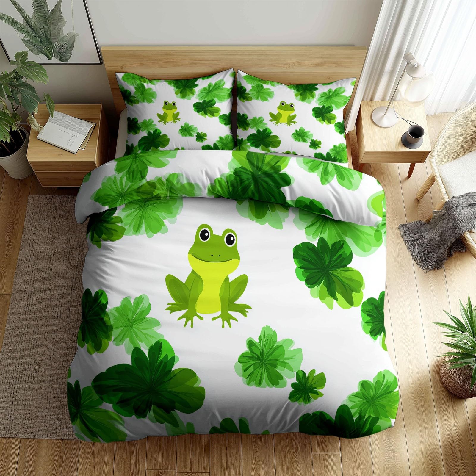 Premium Cute Cartoon Illustrations Queen Duvet Cover 230 x 220 cm, Animals Green Frogs Leaves Durable Reversible Printed Bedding Set with Zipper - Soft Fade-Resistant Quilt Cover for Adults Teens
