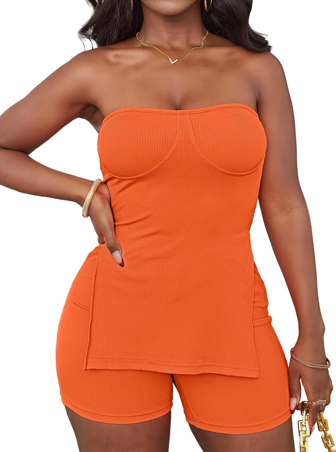 LovelyWholesale Shorts Sets Women 2 Piece Outfits Split Ribbed Tube Tops and Shorts Matching Sets - Image 2