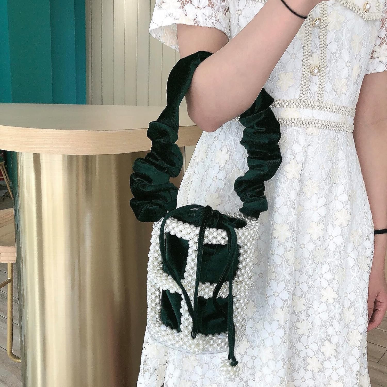 YUSHINY Women Faux Pearl Beaded Evening Pleuche Handle Bucket Hollow-Block Bags with Velvet Lining for Wedding Party