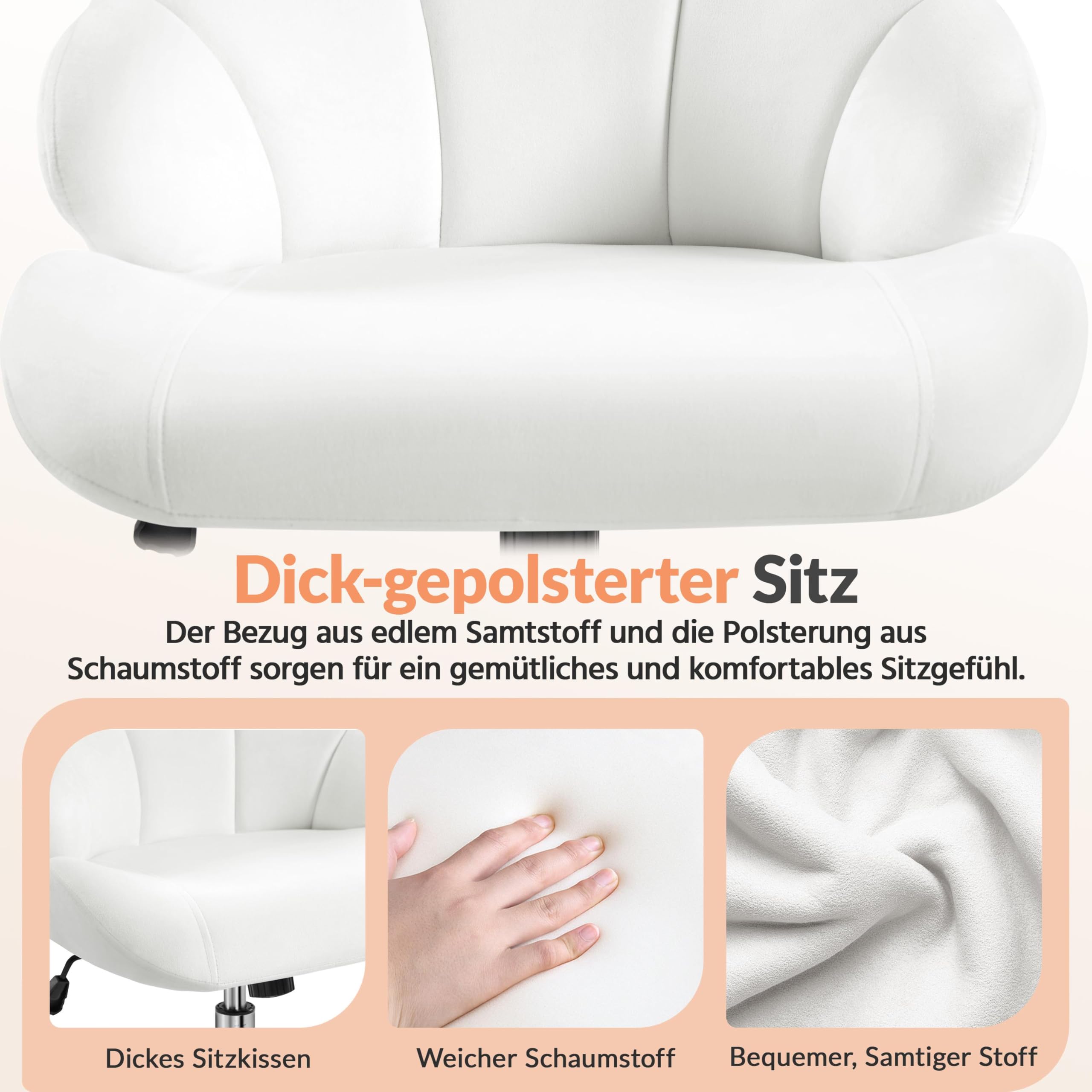 Yaheetech Homeoffice Stuhl Muschelform Schminkstuhl, höhenverstellbar Drehstuhl, Bürostuhl mit Wippfunktion, bis 136 kg belastbar, für Arbeitszimmer Schlafzimmer, Weiß | Schreibtischstuhl mit Wippfunktion, Drehstuhl bis 136 kg belastbar, atmungsaktiver St