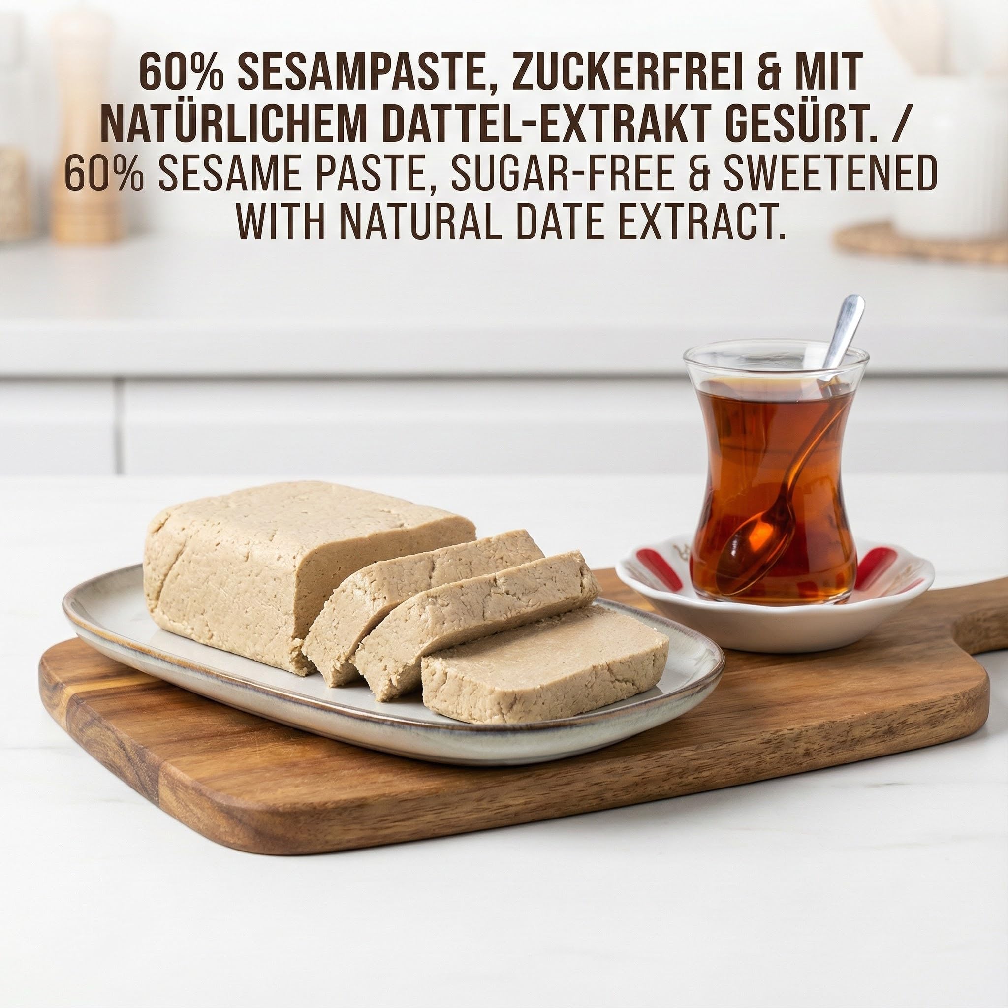 Halva de Sésamo Sin Azúcar con Extracto de Dátil 227g – Dulce Turco Natural con 60% Tahini – Sin Gluten, Sin Glucosa y Sin Aceite de Palma – [Sabor: Natural/Cacao/Pistacho] (Natural (Sin Azúcar))