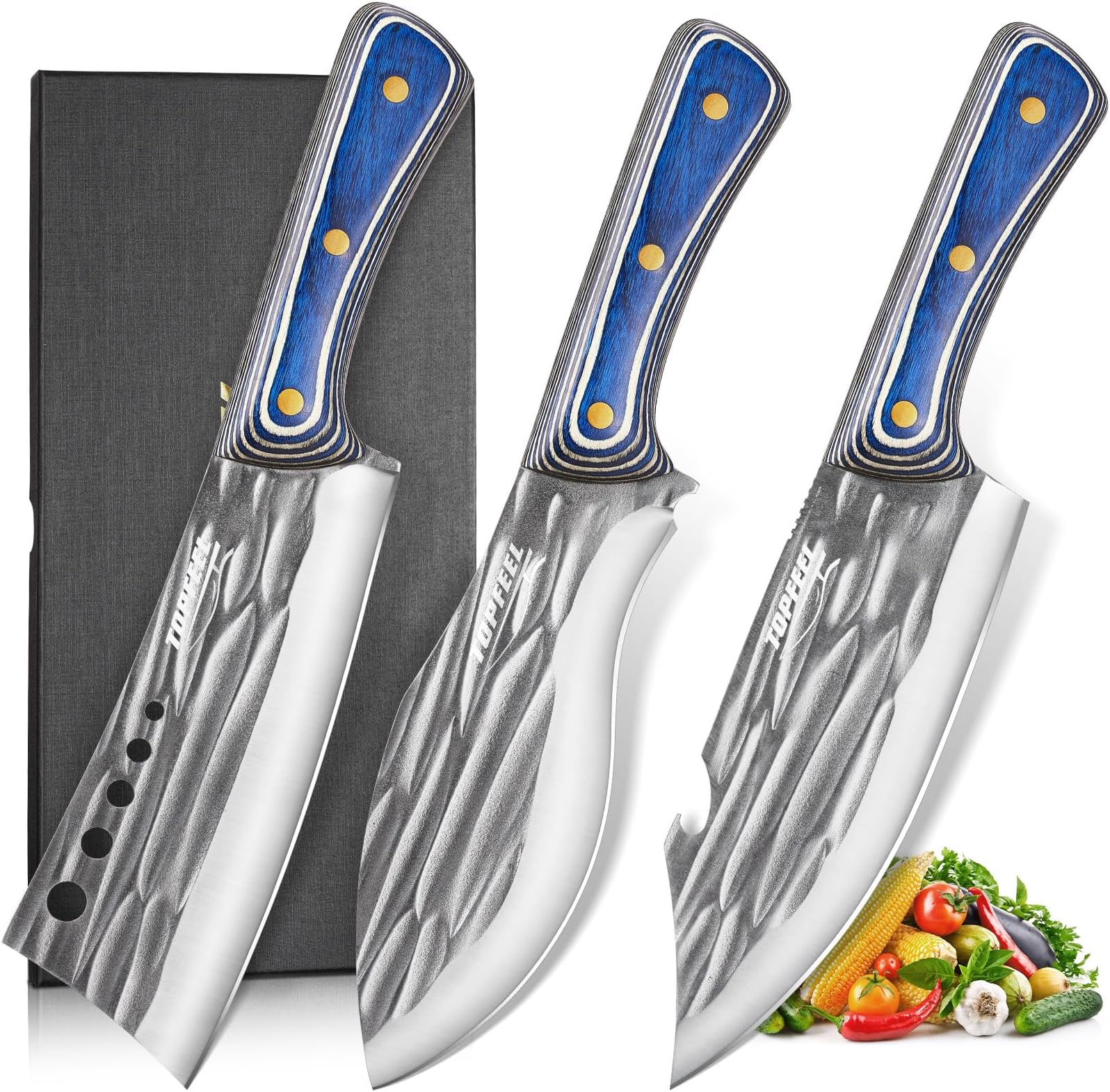 3PCS Butcher Knife Set for Meat Cutting， Hand Forged Professional Chef Knife Set Meat Cleaver Boning Knife for Home, Outdoor Cooking, Camping BBQ Gift Idea Men