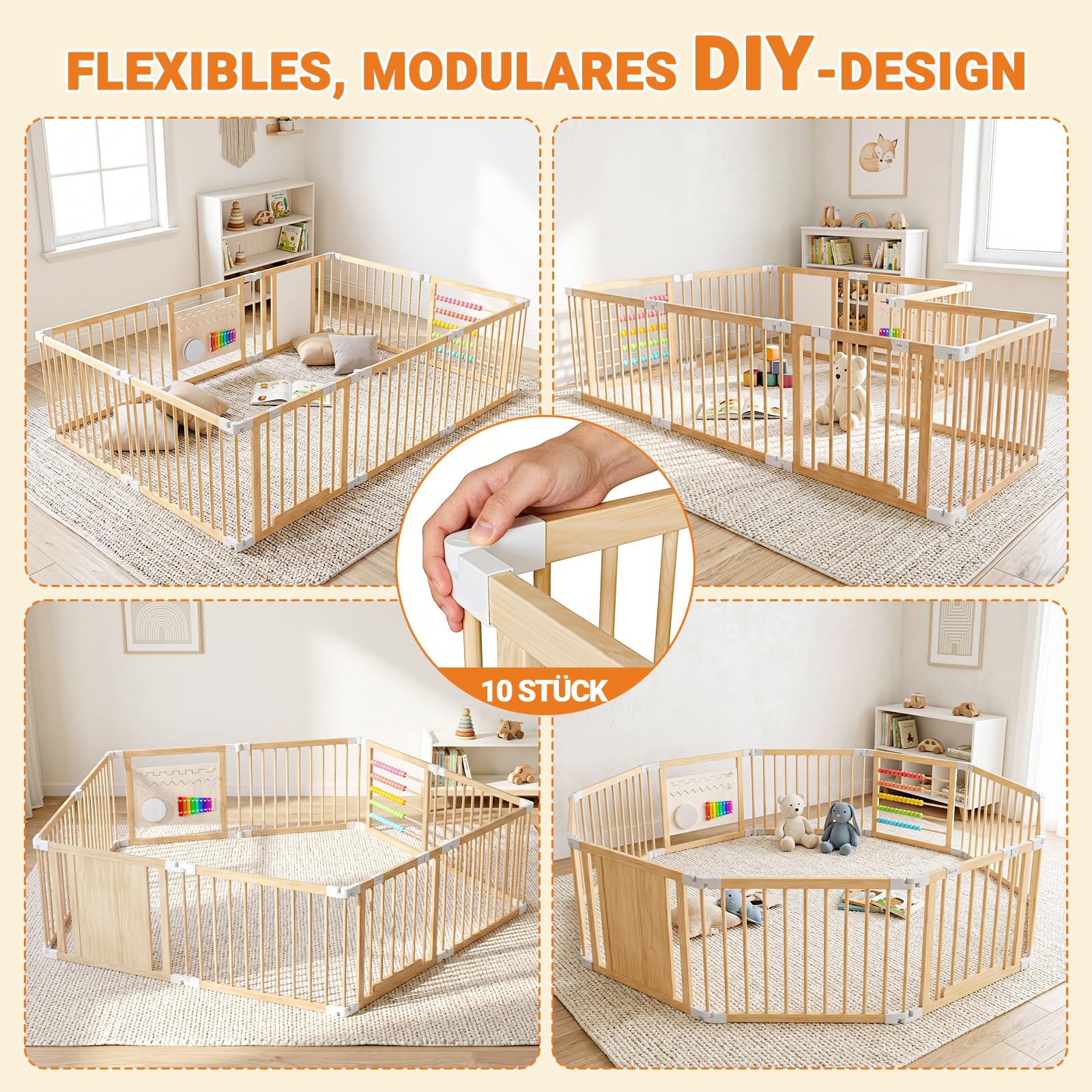 Laufstall Baby mit Spielzeug, Laufgitter Baby Faltbar aus Holz, Verstellbare Größe, mit Tür & Sicherheitsverschluss, Krabbelgitter Absperrgitter für Kleinkinder(240 * 160 * 61 cm)