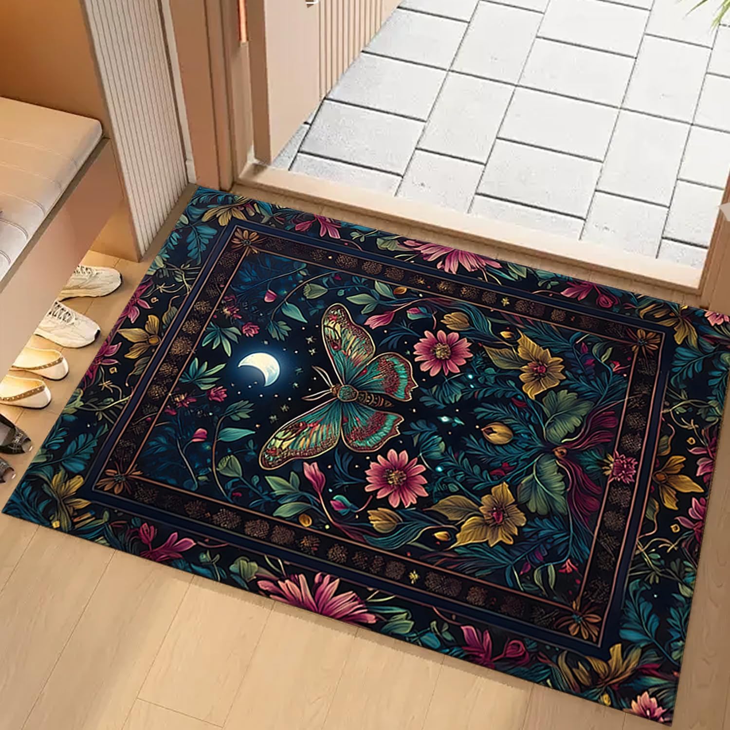 Luna Moth Rug,Mystic Butterfly Rug,Moonlit Floral Decor,Boho Living Room Rug Floral Home Decor,Garden Rug,Gothic Floral Decor Floral Area Rug Dark Academia Rug Cottagecore Rug 23.6"x35.4"
