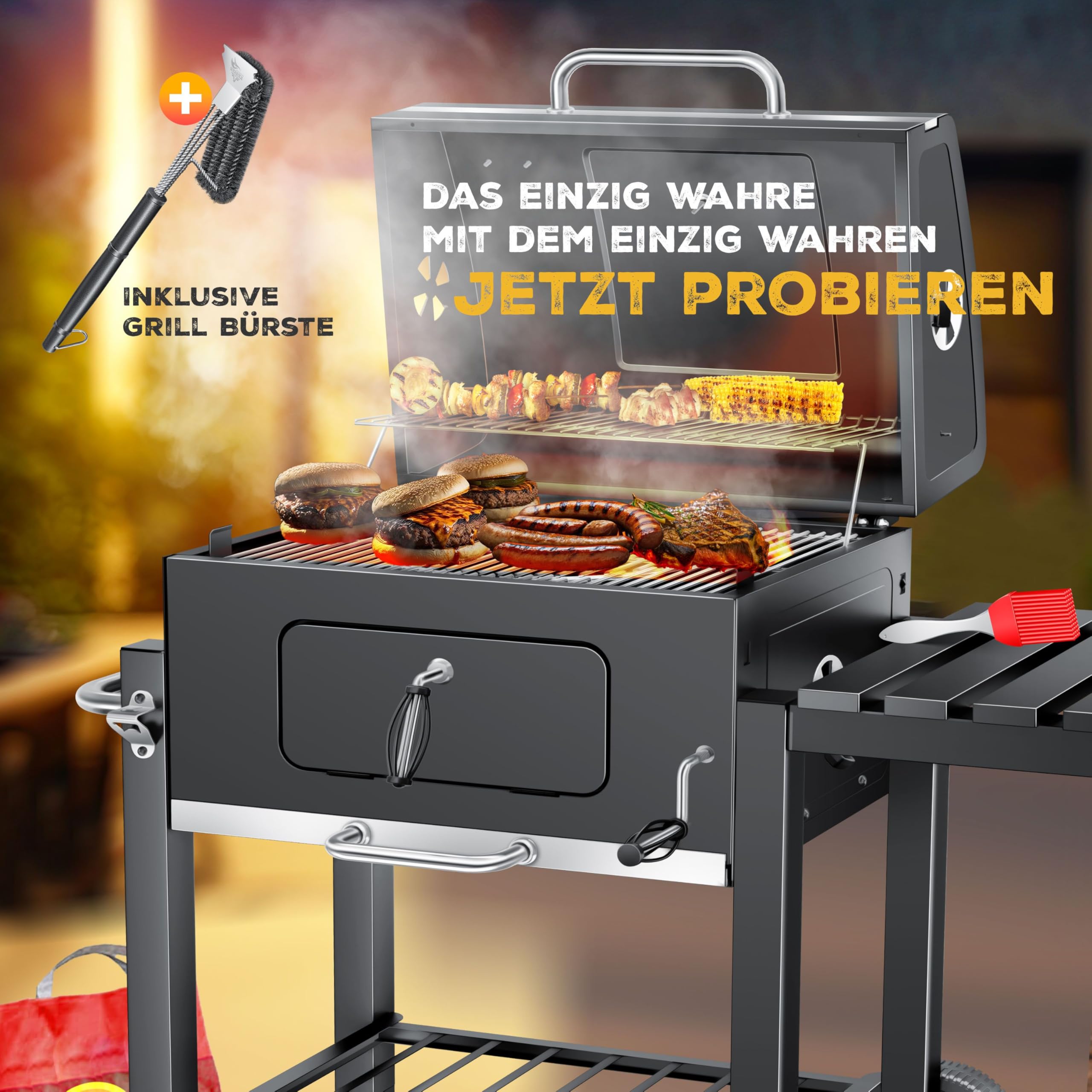 KESSER® Grill Grillwagen BBQ Smoker XL Holzkohlegrill mit Deckel, Rädern, Edelstahl-Griff, Grillrost, Thermometer, & Silikon-Pinsel, Standgrill, Kohlegrillwagen