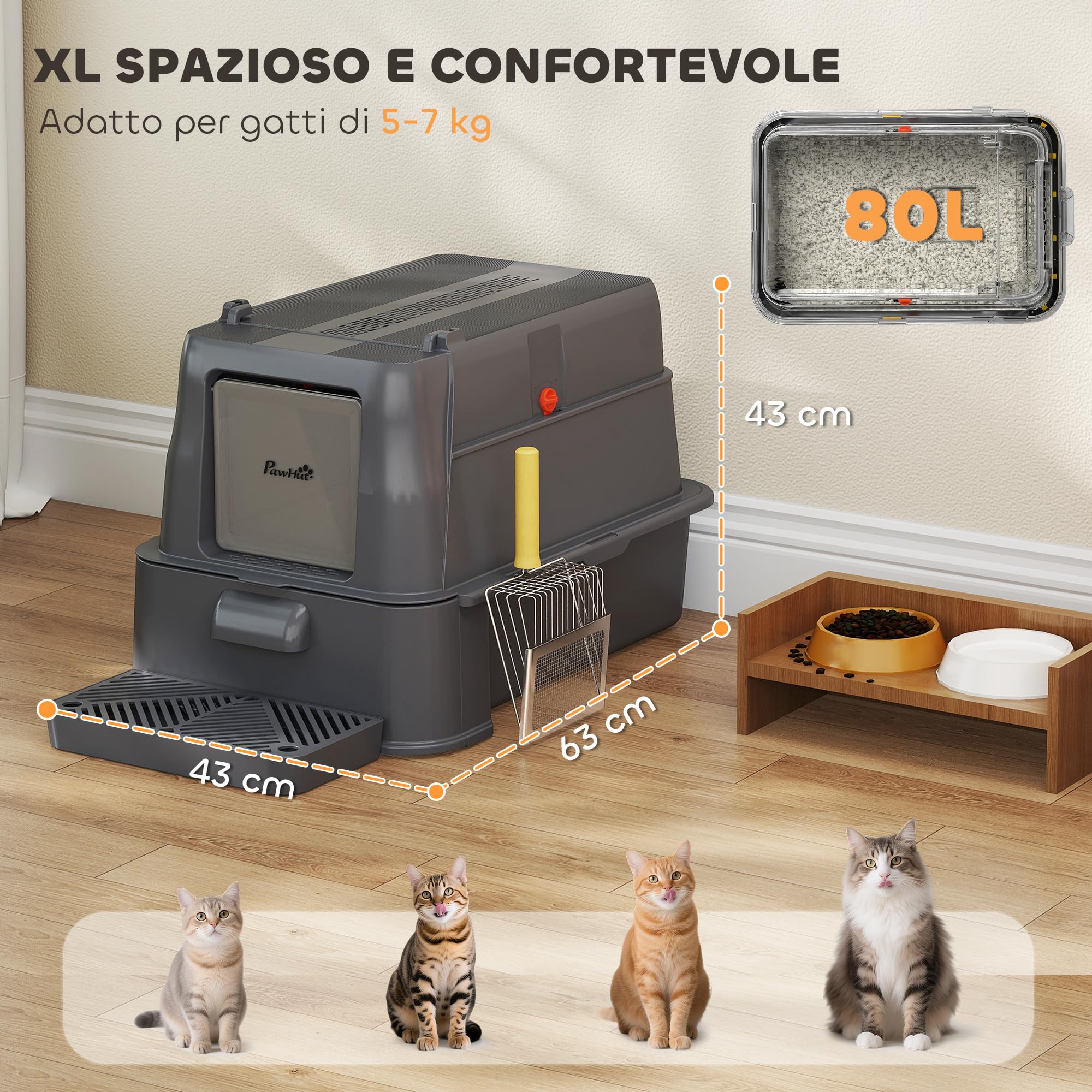 PawHut Lettiera per Gatti Chiusa XXL in Acciaio Inox, 3 in 1 Toilette per Gatti 80L con Coperchio Ribaltabile 180°, Pedale e Paletta, Antiaderente, Antiodore, Facile da Pulire, Grigio Scuro