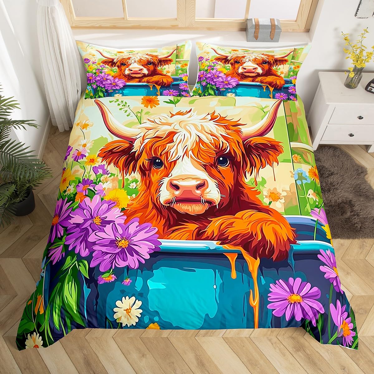 Homemissing Highland Cattle Bedding Set Single Size Highland Cow Bedding Duvet Cover Set For Boys Teens Decor Farmhouse Animals Cow Comforter Cover Set Wildlife Bedspread Bedroom Quilt Cover 2Pcs โ image 1