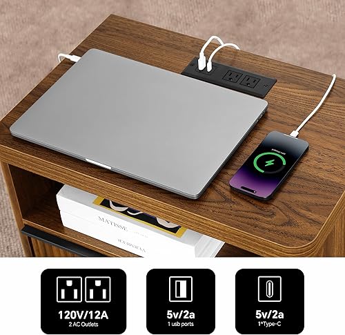 Miniatura 4 de Juego de 2 mesitas de noche acanaladas con cajón, mesita de noche grande y moderna con puerto USB y tomacorriente, mesita de noche de mediados de