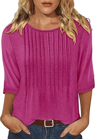 KISSMODA Tunic Tops for Women Loose Fit Dressy Round Neck Pleated 3/4 Length Sleeve Spring Tops