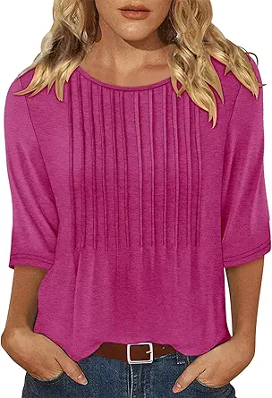 KISSMODA Tunic Tops for Women Loose Fit Dressy Round Neck Pleated 3/4 Length Sleeve Spring Tops