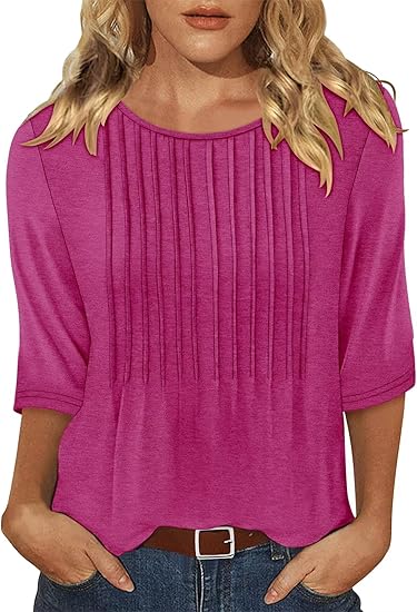 KISSMODA Tunic Tops for Women Loose Fit Dressy Round Neck Pleated 3/4 Length Sleeve Spring Tops