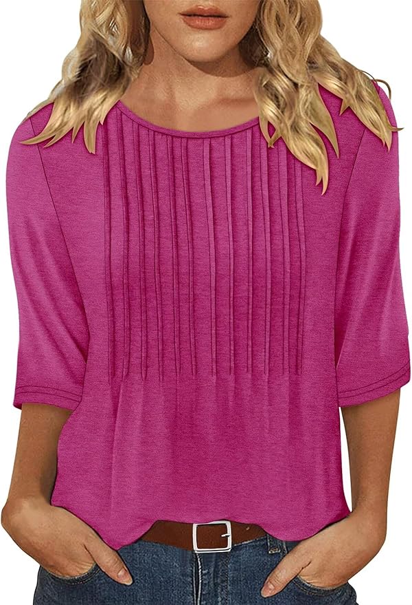 KISSMODA Tunic Tops for Women Loose Fit Dressy Round Neck Pleated 3/4 Length Sleeve Spring Tops