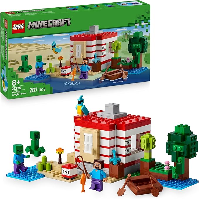 LEGO Minecraft La Casa-Dinamita de la Selva de Juguete - Función Explosión - Barco de Juguete, Animales y Figuras de Steve, Creeper y Zombi - Regalo Gamer para Niños y Niñas de 8+ Años 21275