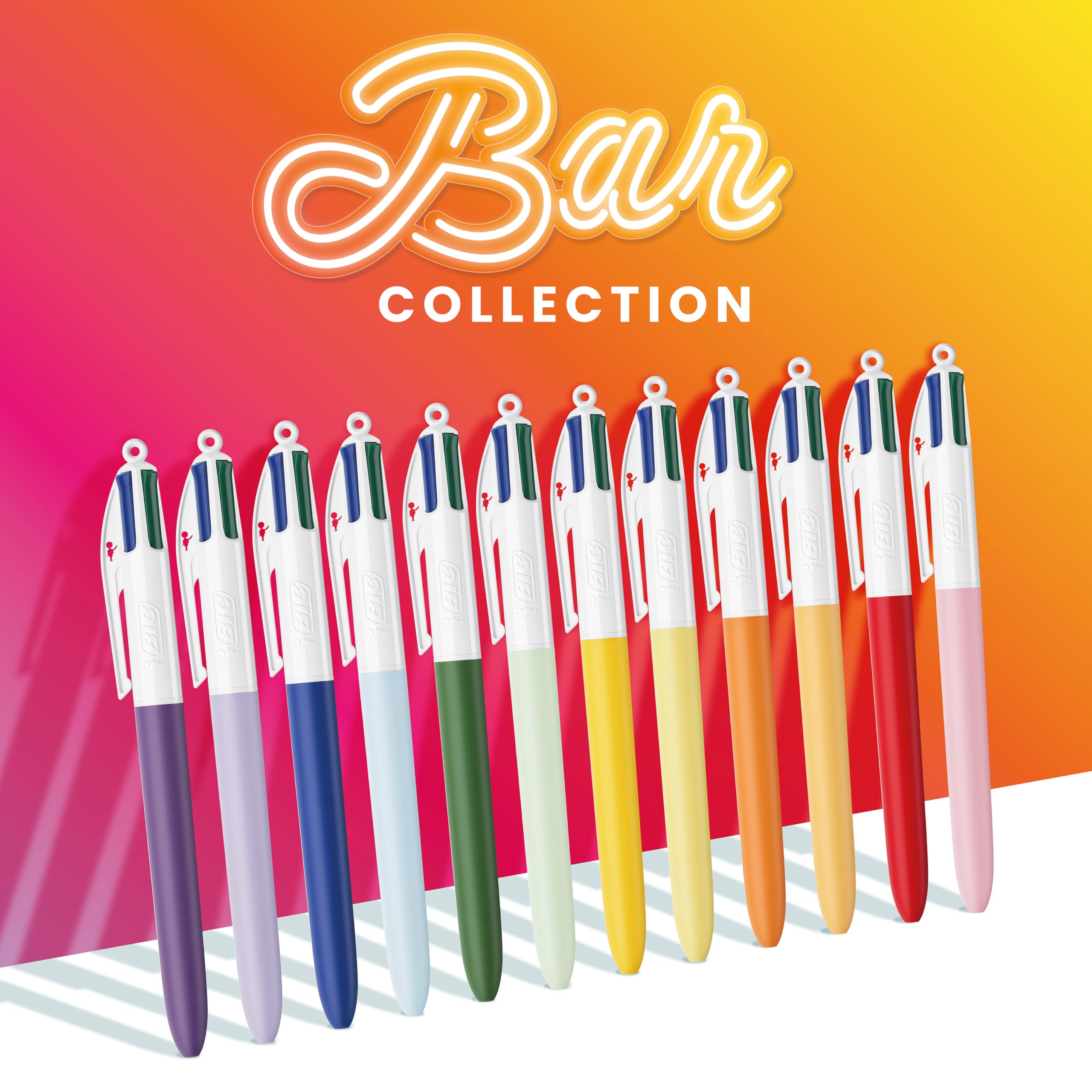 BIC 4 Couleurs Le Bar à Couleurs Stylos-Bille Rétractables à Pointe Moyenne (1,0 mm) Corps Uni - Couleurs Assorties, Coffret de 12