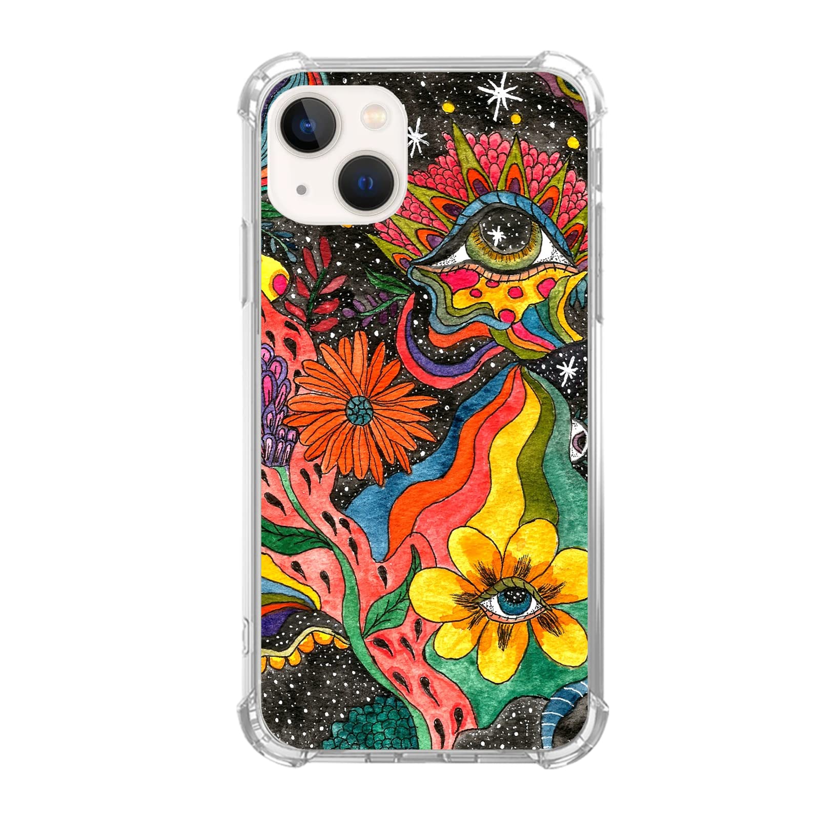 Jyrgkunlt Trippy Psychedelic Phone Case Compatible with iPhone 15 Plus, Hippie Art Flower with Eyes Cover Case for for Girls Women Boys Men, Unique