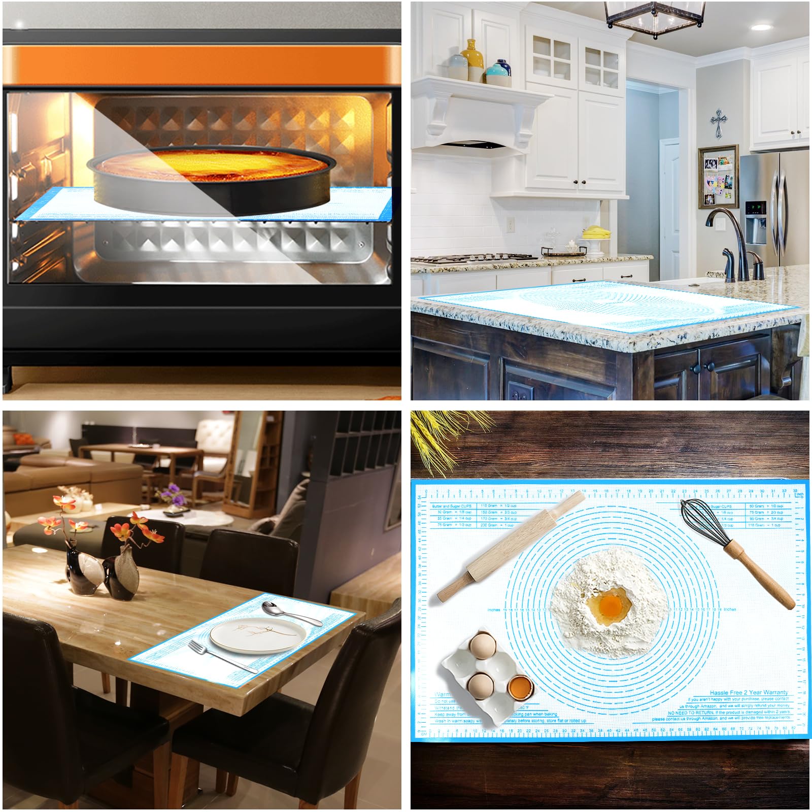 Tapis de pâtisserie extra large en silicone anti-adhésif avec mesure pour la cuisson, tapis de fondant, tapis de pétrissage, tapis à rouler pour pâte à tarte (bleu, 86,4 x 66 cm)