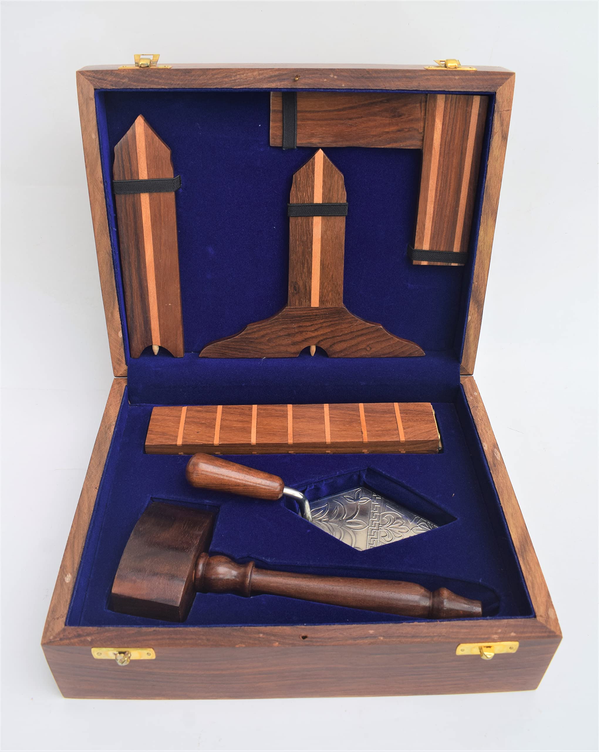 PRIME CRAFTS Wooden Plumb Square and Rule Wooden Masonic Working Tools Sets with Silver Colour Plated Trowel