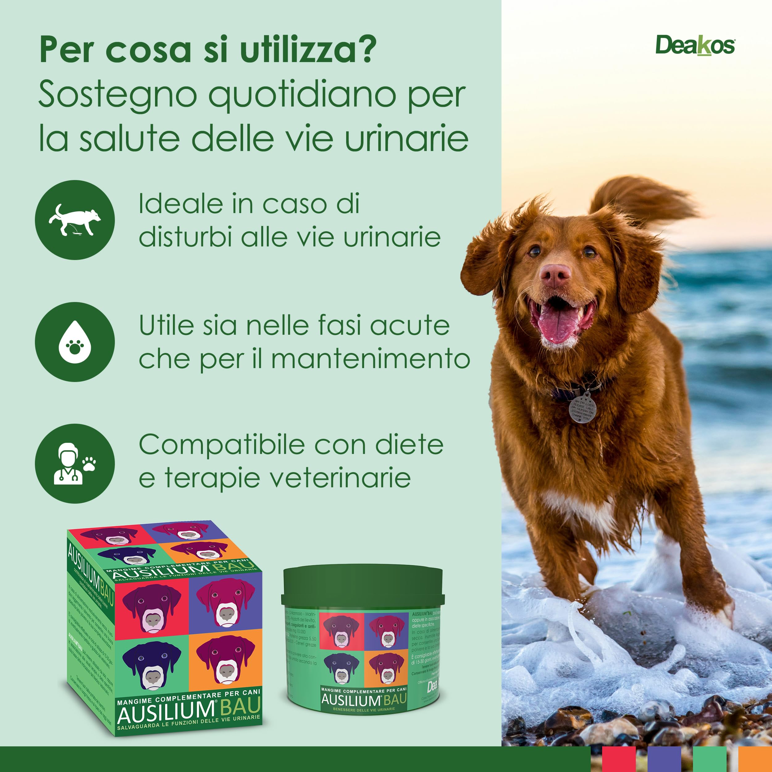 Deakos Ausilium Bau in Polvere 100g - Integratore Cane per il Benessere delle Vie Urinarie - Con D-Mannosio Puro e Morinda Citrifolia - Integratore per cani Senza Glutine e Lattosio